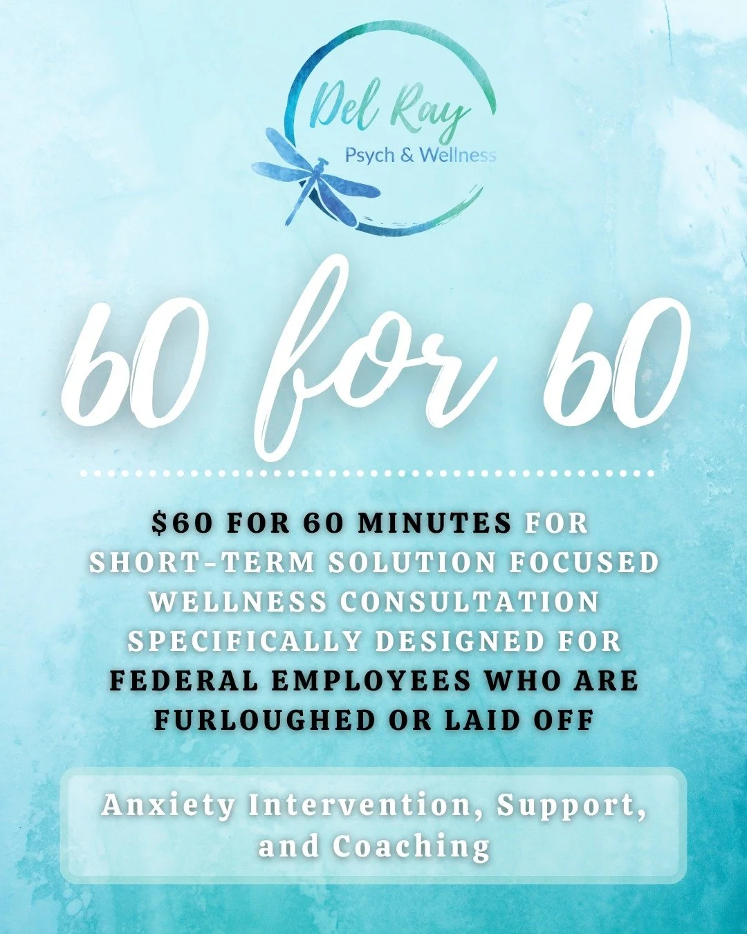 💙 Feeling the weight of uncertainty right now? At Del Ray Psych and Wellness, we understand how stressful this time can be for federal employees who are furloughed or laid off.
To help support our community, we’re offering $60 for a 60-minute