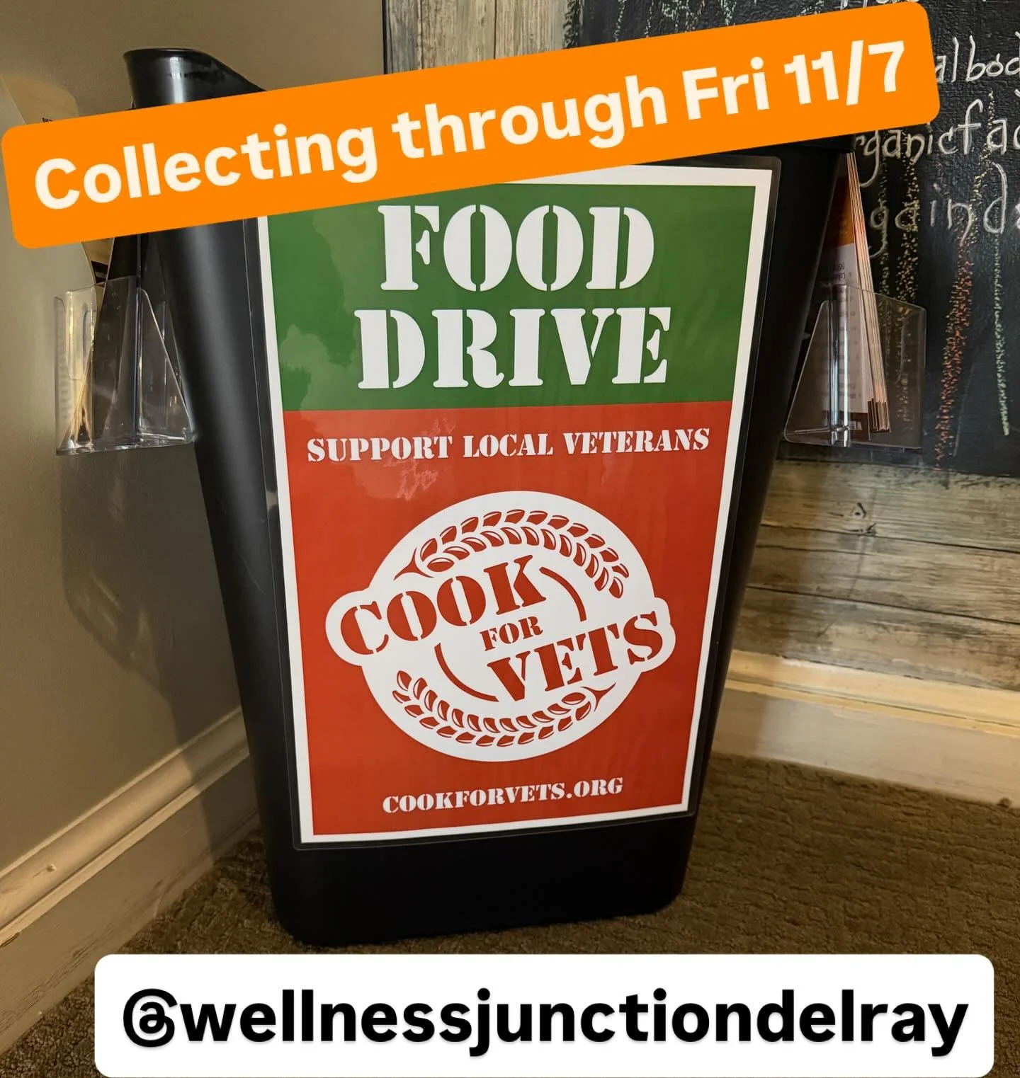 We are happy to be participating in a Thanksgiving drive with @cookforvets. Items are listed on picture 2.  The businesses of @wellnessjunctiondelray will be collecting food through Friday evening. You can drop food off at 1900 Mt Vernon Ave in Del R