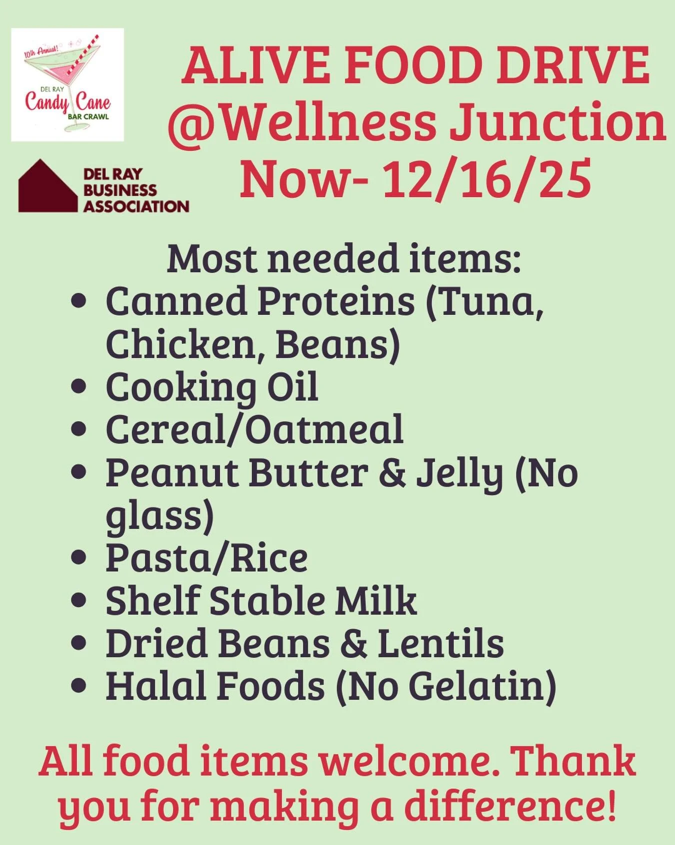 Please help us reach our goal of 2000 lbs of food collected by residents and businesses this holiday season! In conjunction with the 10Th Annual Candy Cane Bar Crawl, we are helping to collect donations and raise money for @alive4alexandria, an Alexa