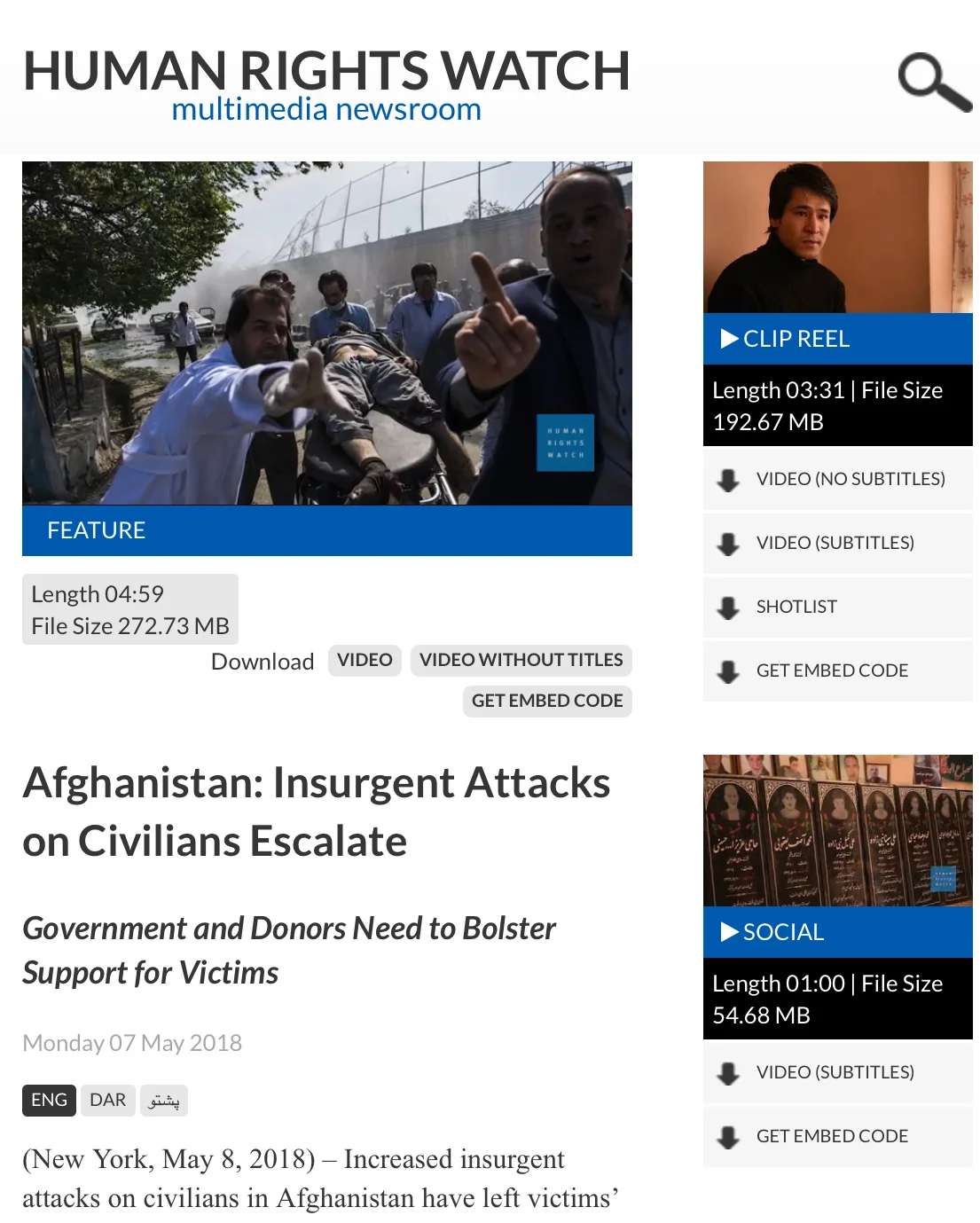  Human Rights Watch report on civilian casualties caused by non-government armed groups in Afghanistan. Report by Patricia Gossman with Tassal Aziz Ahmad. Photos and video by Andrew Quilty. Published 8.5.2018.    https://media.hrw.org/story/1397/afgh