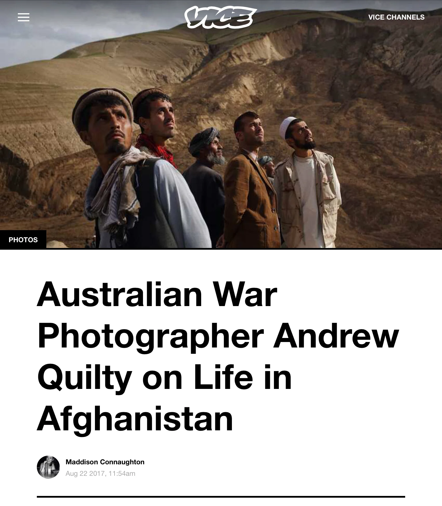 Australian War Photographer Andrew Quilty on Life in Afghanistan. By Maddison Connaughton. 22.8.2017.   https://www.vice.com/en_au/article/paa3an/australian-war-photographer-andrew-quilty-on-life-in-afghanistan  