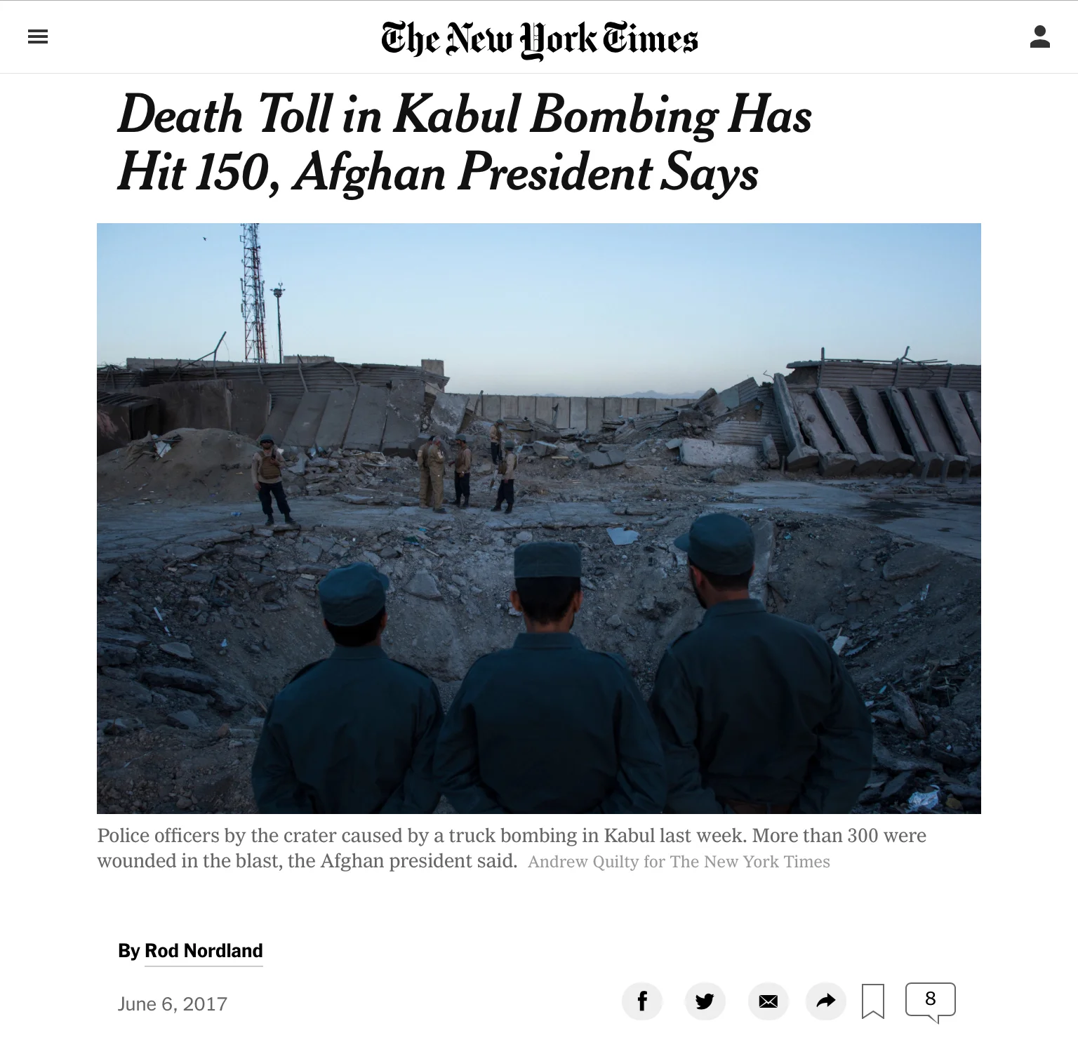  Death Toll in Kabul Bombing Hits 150, Afghan President Says. The New York Times. Text by Rod Nordland, with Fahim Abed and Jawad Sukhanyar. Photo by Andrew Quilty. 6.6.2017.   https://www.nytimes.com/2017/06/06/world/asia/kabul-bombing-death-toll-in