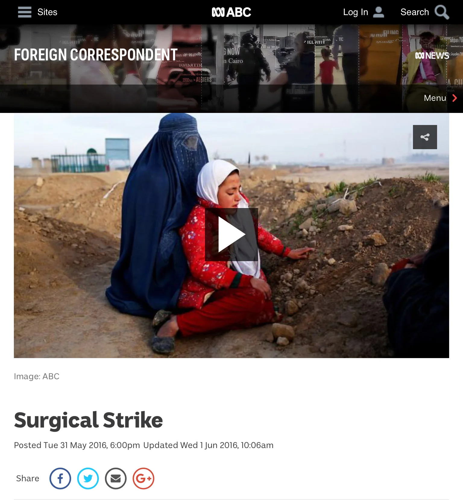  Surgical Strike. Television documentary for the Australian Broadcasting Corporation’s Foreign Correspondent. Producer: Mark Corcoran; Production team: Andrew Quilty, Bethany Matta, Geoffrey Lye, Michael Maher, Sam Beattie;&nbsp;Additional vision: Jo