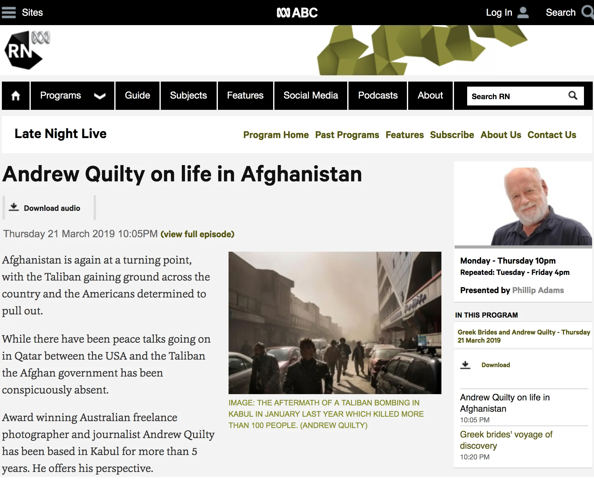 Interview on life in Afghanistan with legendary Australian broadcaster, Phillip Adams.