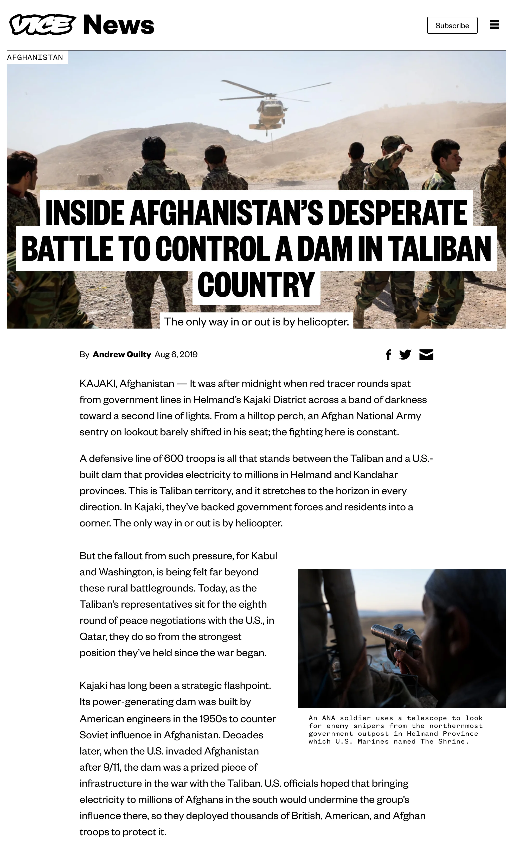 Inside Afghanistan’s Desperate Battle to Control a Dam in Taliban Country. Words and photography by Andrew Quilty.