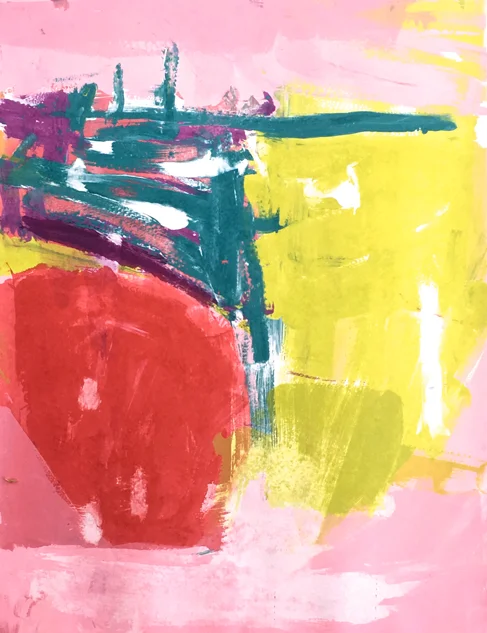 Monotype inspired by the view north from Saltburn beach. 33′ x 25′ framed in white wood.