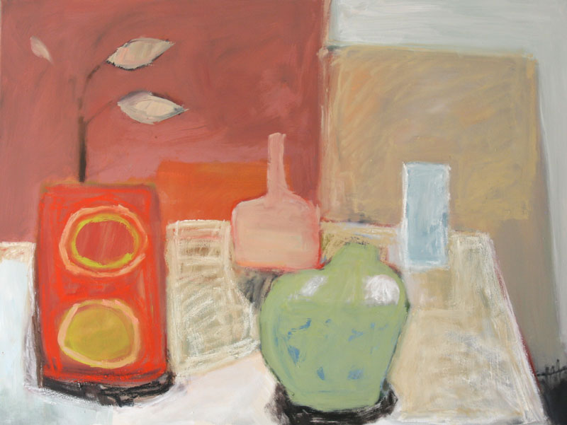 Washed out still life of pots on table. Oil on canvas. 2014