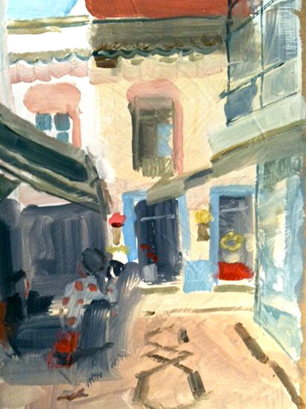 The flower shop and cafe in the Old Town, Olhao. Oil on board.