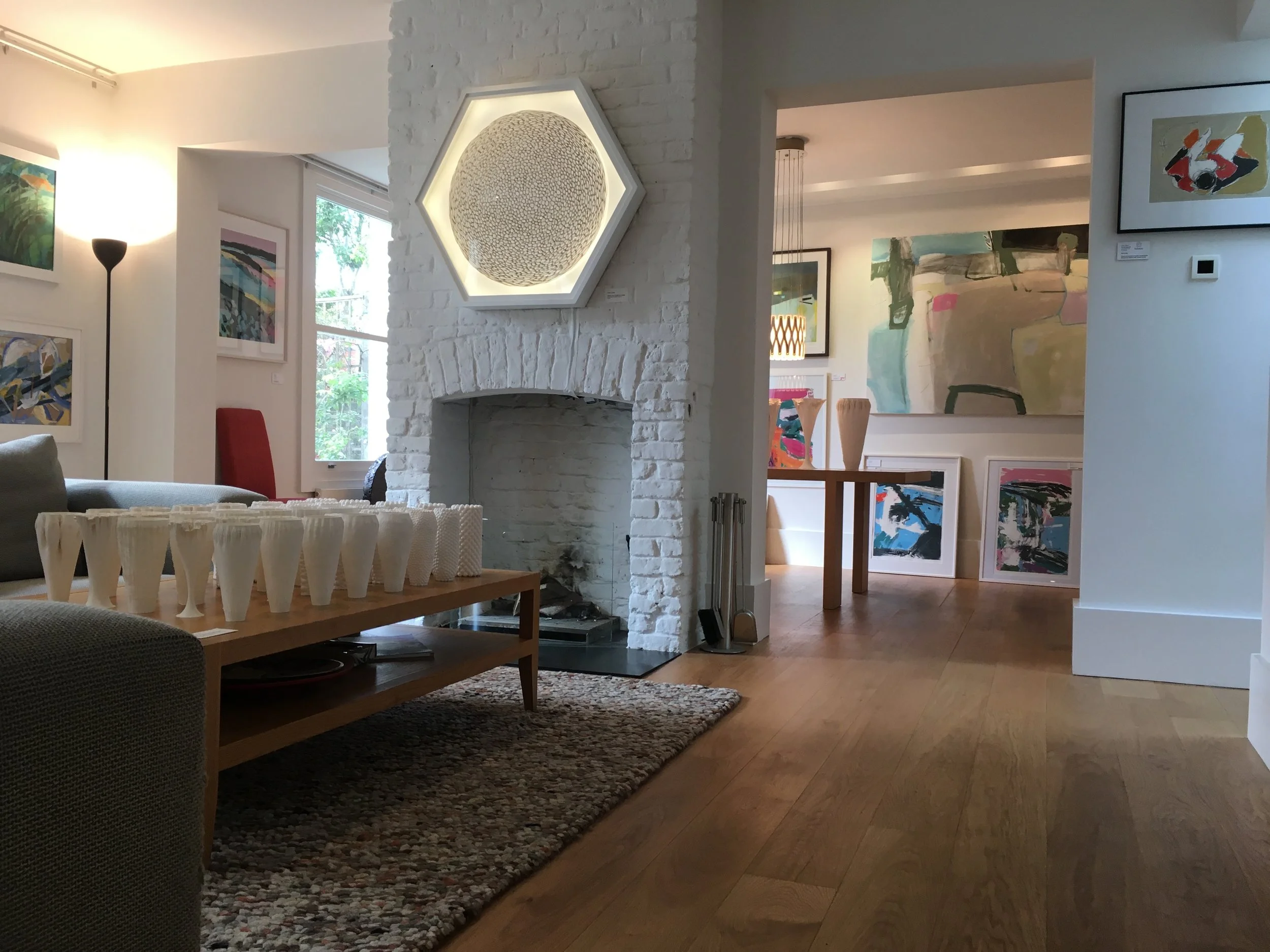 Iona Stern’s large abstract oil paintings and screen printed monotypes. Andy Lomas’s 3D sculptures.
