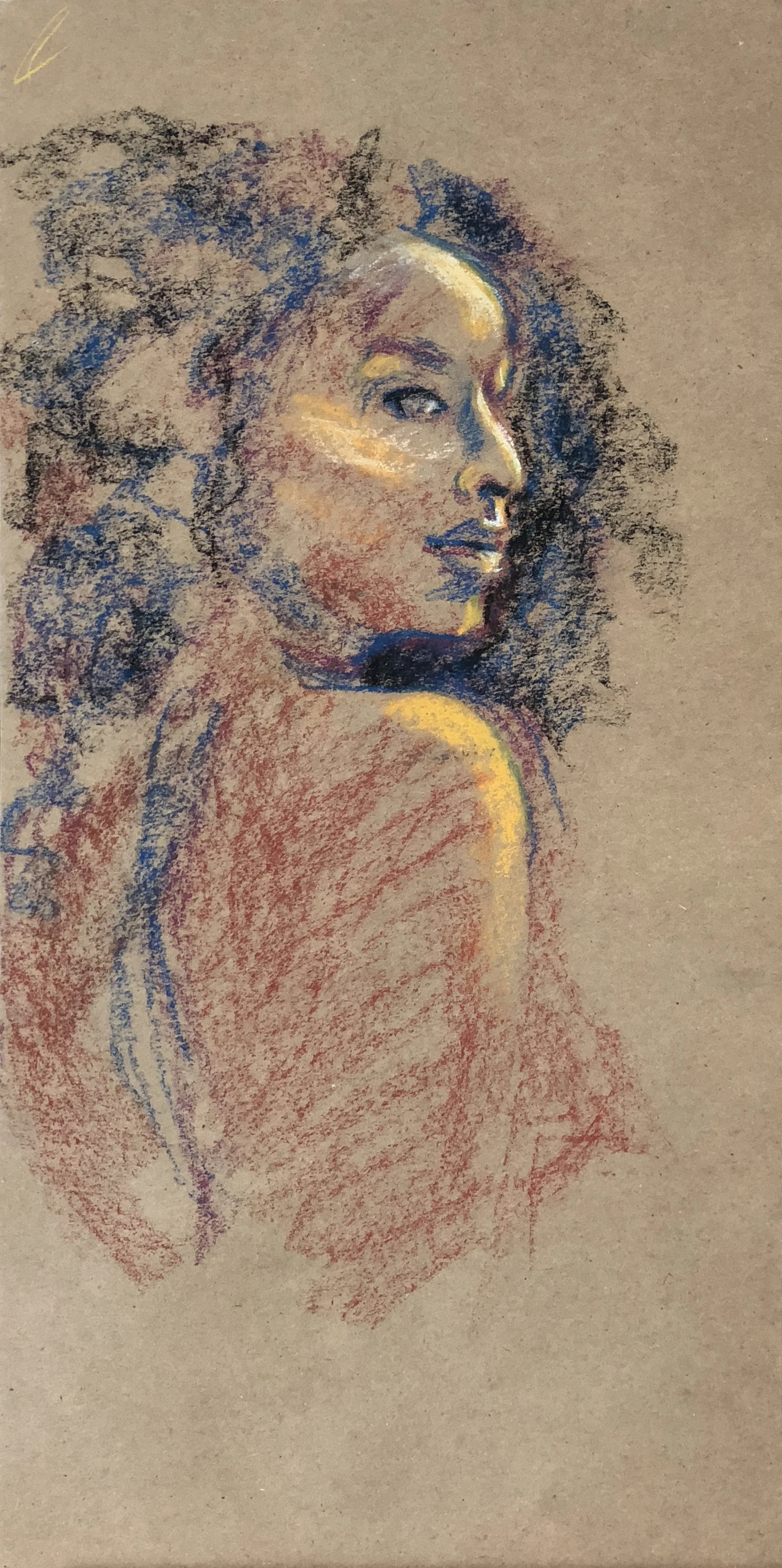 over the shoulder brown recycled paper pastels 9x18.JPG