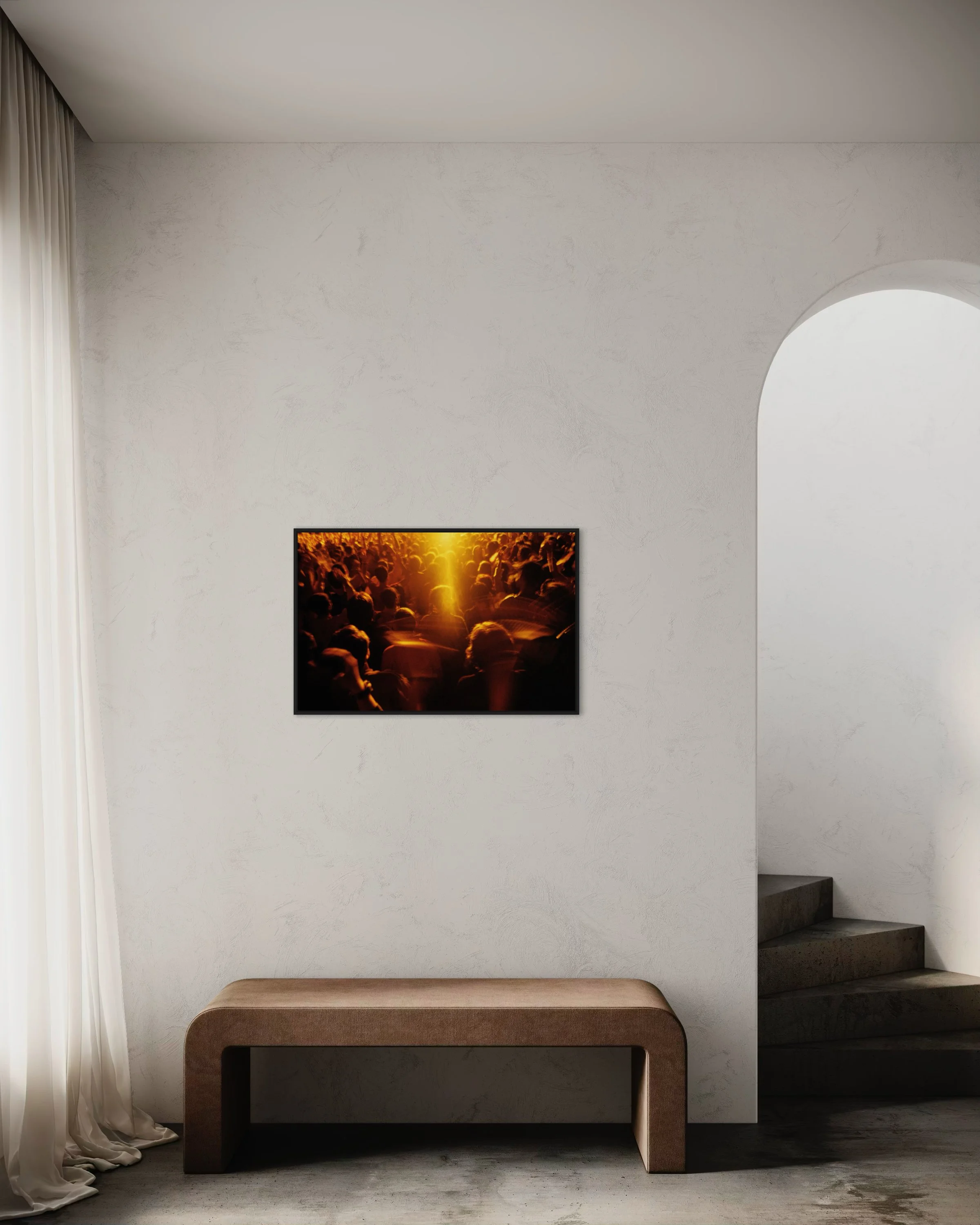 Cinematic Photography Crowd at a concert with mood and warm sunset tones.