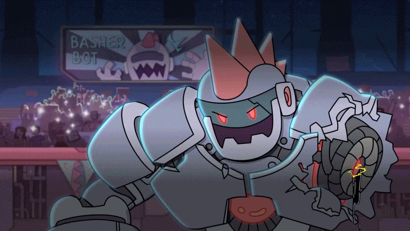 Animated montage of scenes from the Times & Galaxy game trailer, featuring robots, spaceships, alien environments and character-driven 2D animation.