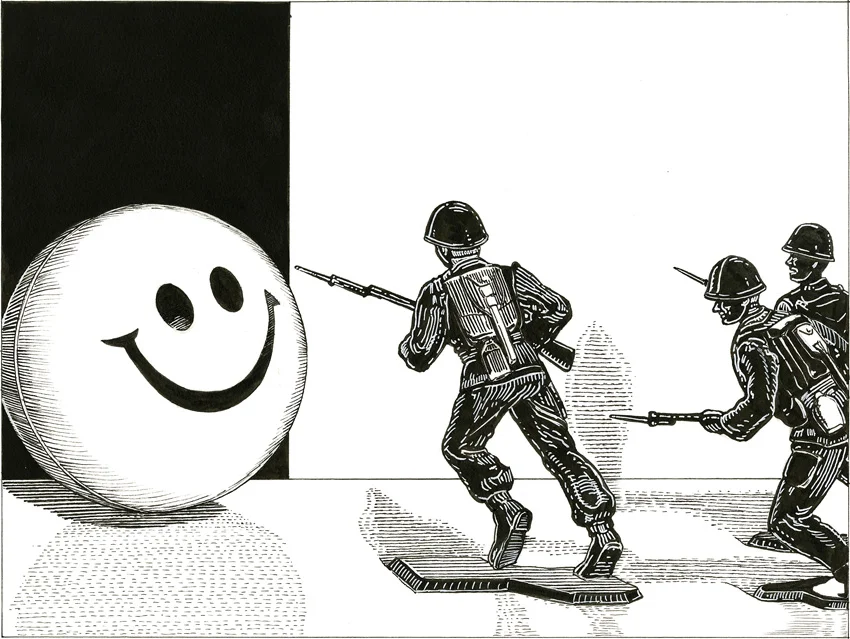 This Machine Surrounds Hate/Still Life with 4 Toys , 2015, pen and ink, 12 x 9 inches