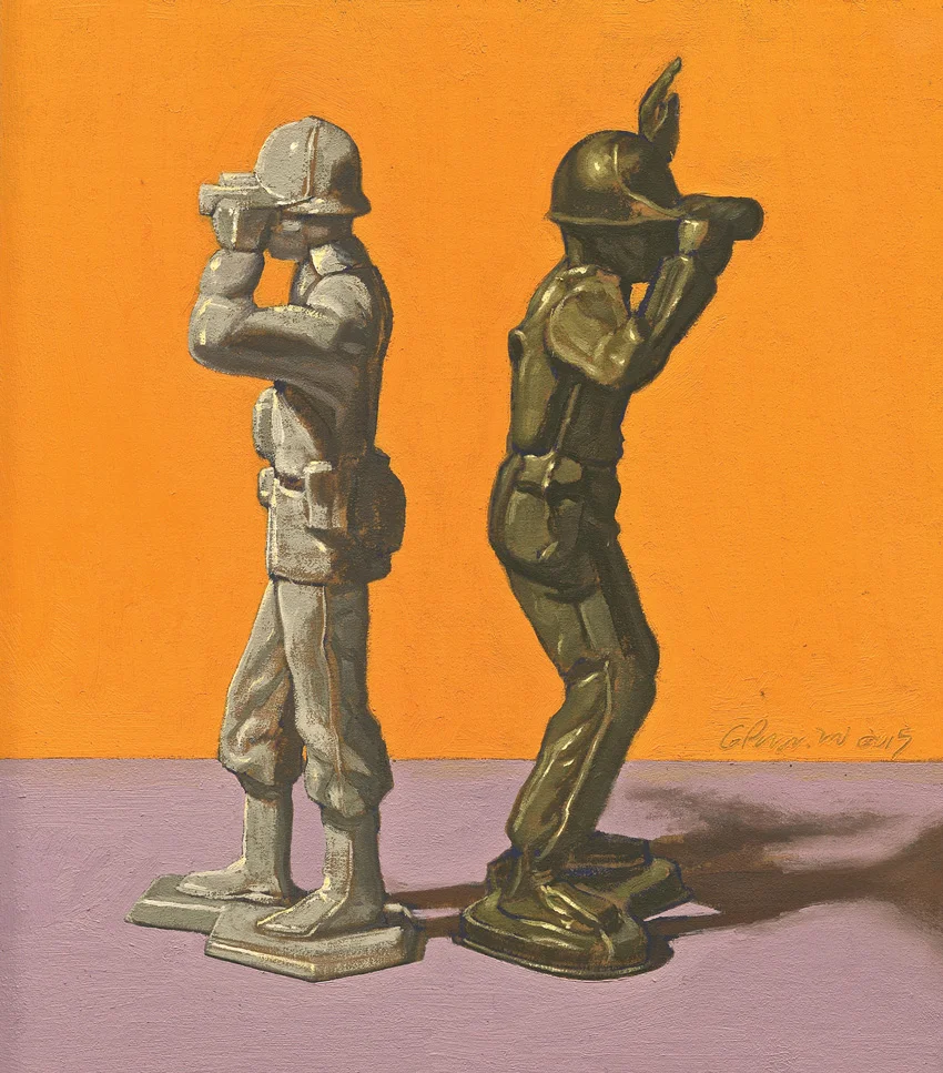 Taking the Long View/Still Life with 2 Toys , 2015, oil on panel, 7.25 x 8.25 inches