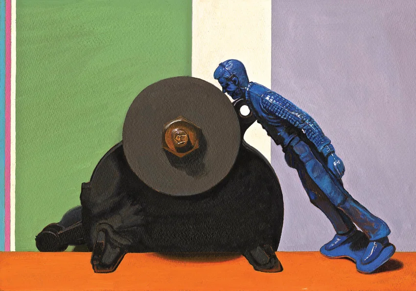 It’s a Grind/ Still Life with Toy and Grinding Wheel , 2014, oil on panel, 13 x 9 inches