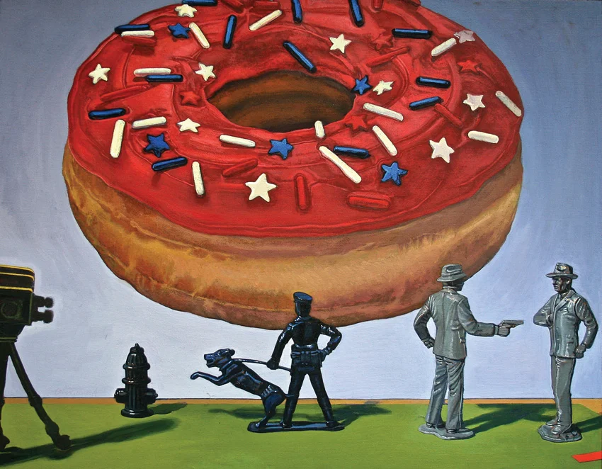 Base Needs/Still Life with 5 Toys and Photo , 2014, oil on panel, 20 x 15.625 inches