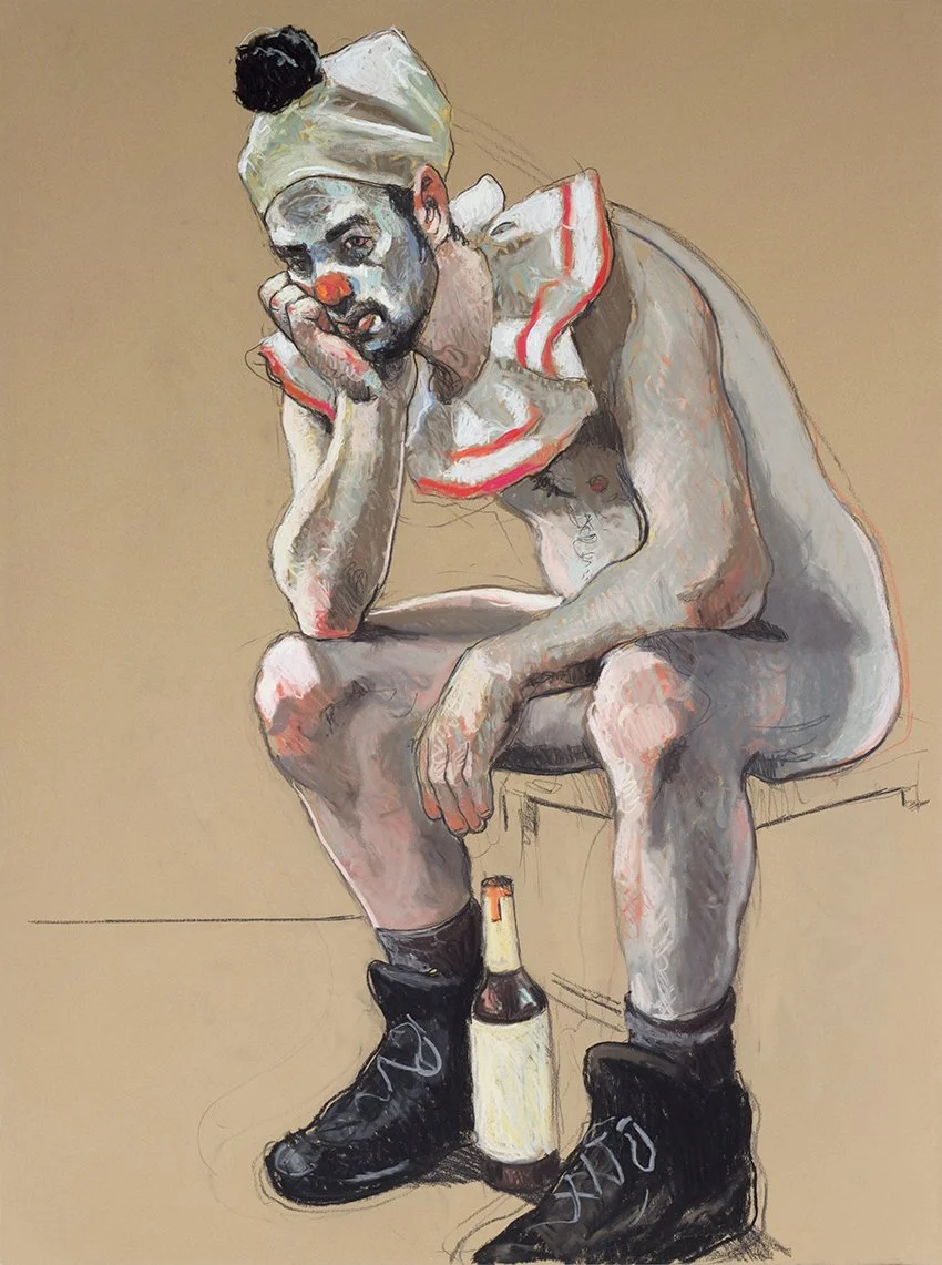 Michael Costello, Melancholy Clown, 2018, pastel, charcoal, russian clay on paper, 30 x 22.25 inches
