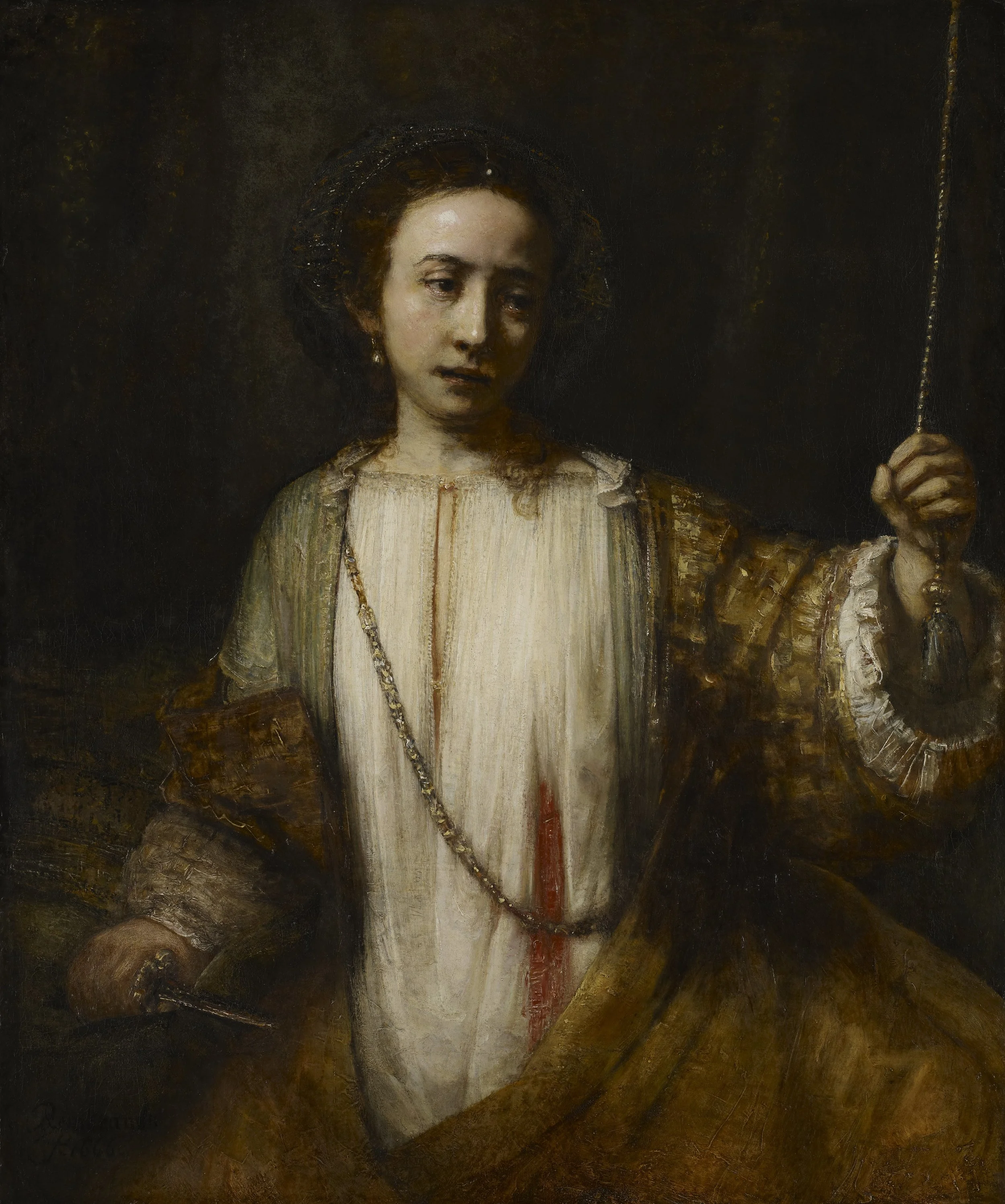 Rembrandt van Rijn. Lucretia. Oil on Canvas. 43.4 x 36.3”. 1666.
