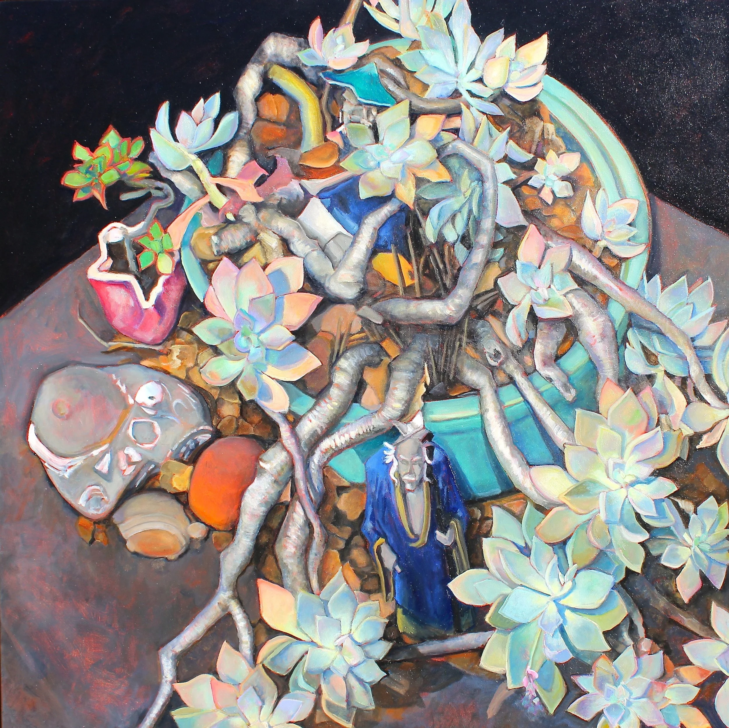 Succulent w Chinese Figures / Oil on canvas / # 342.2014