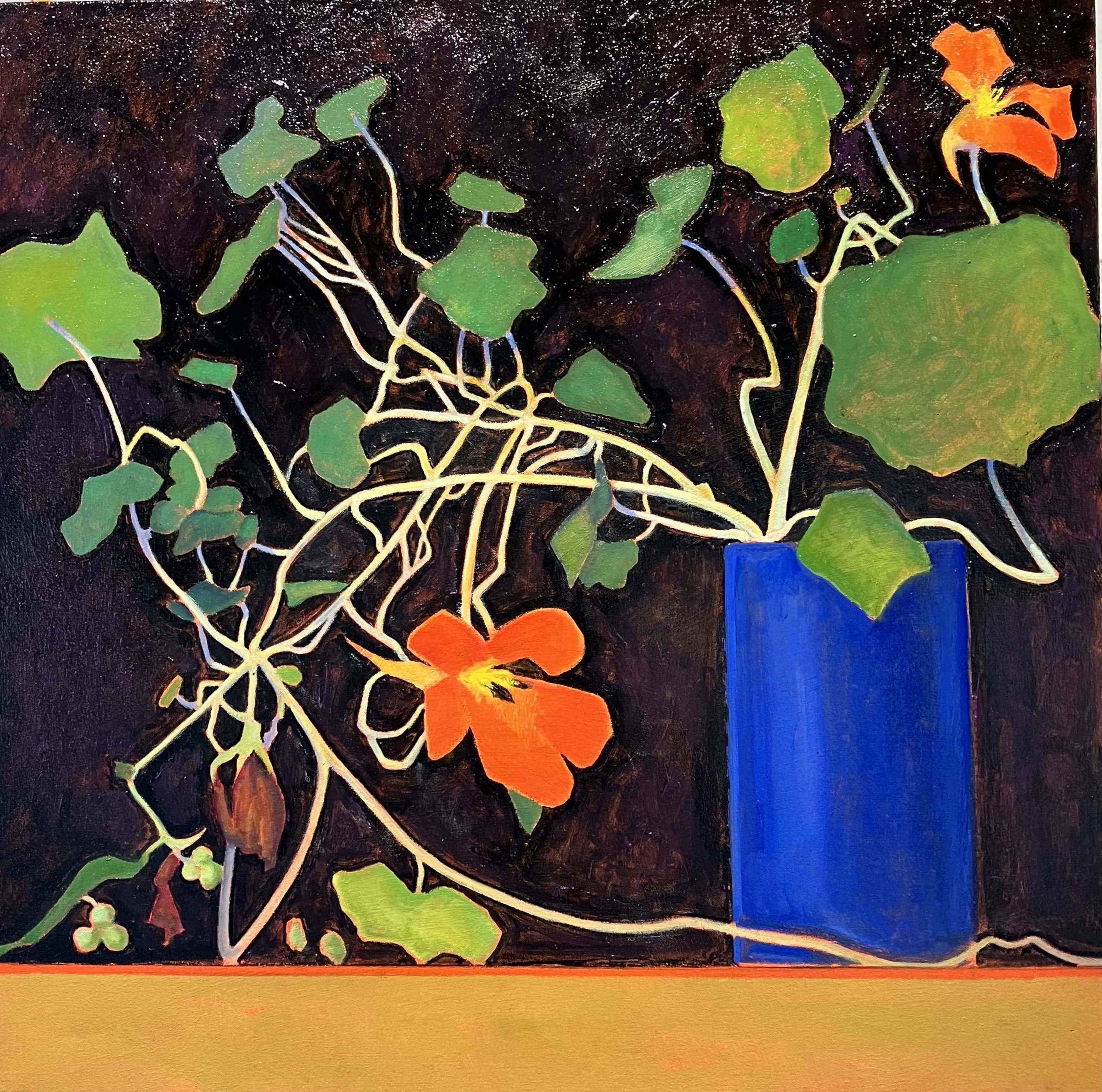 Trailing Nasturtiums in Blue Vase / 24 x 24 / oil on canvas /#663.2025 / $1500. (sold)