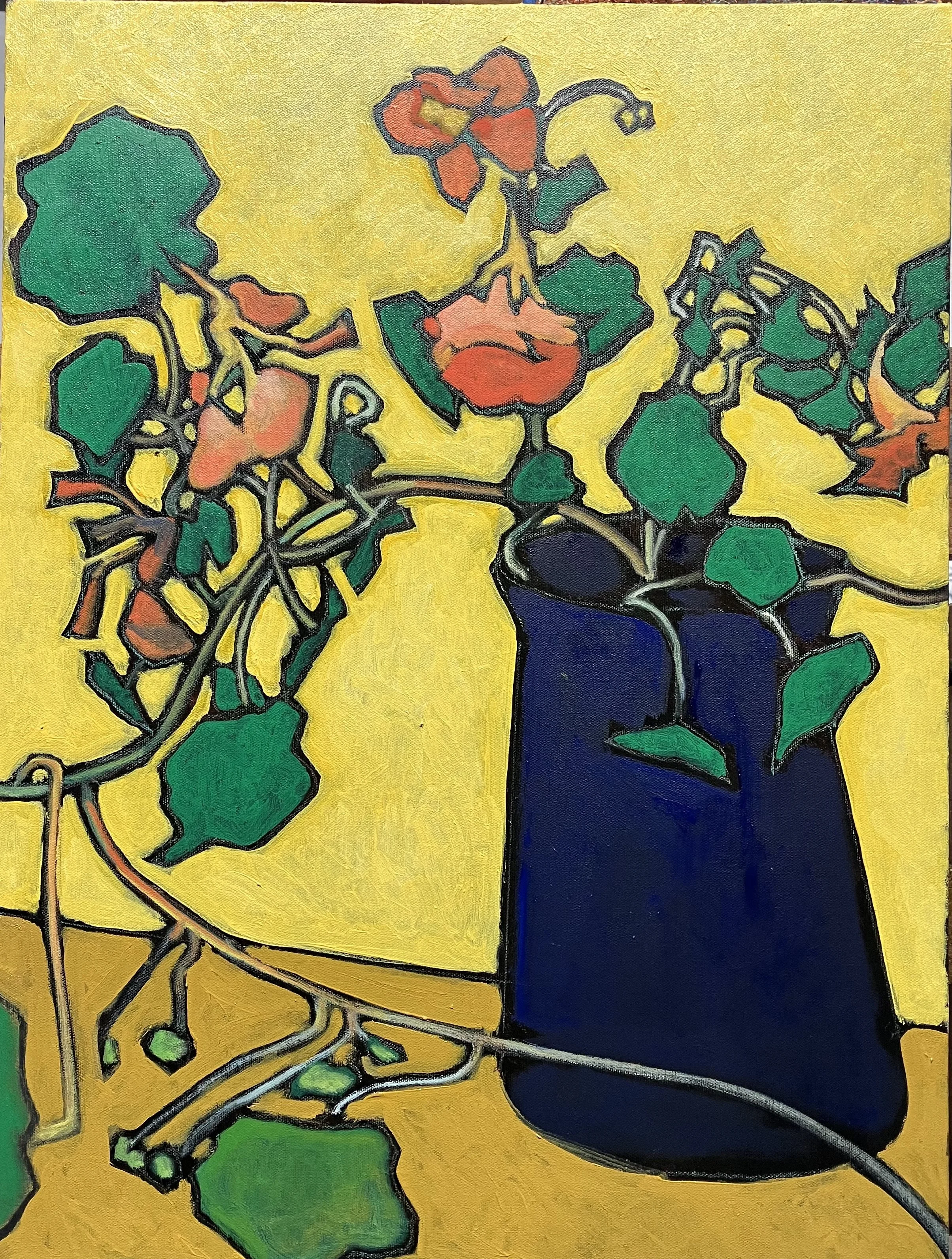 Nasturtiums in Blue Vase, Yellow Background / 18 x 24 /oil on canvas / #661.2025 / $750.