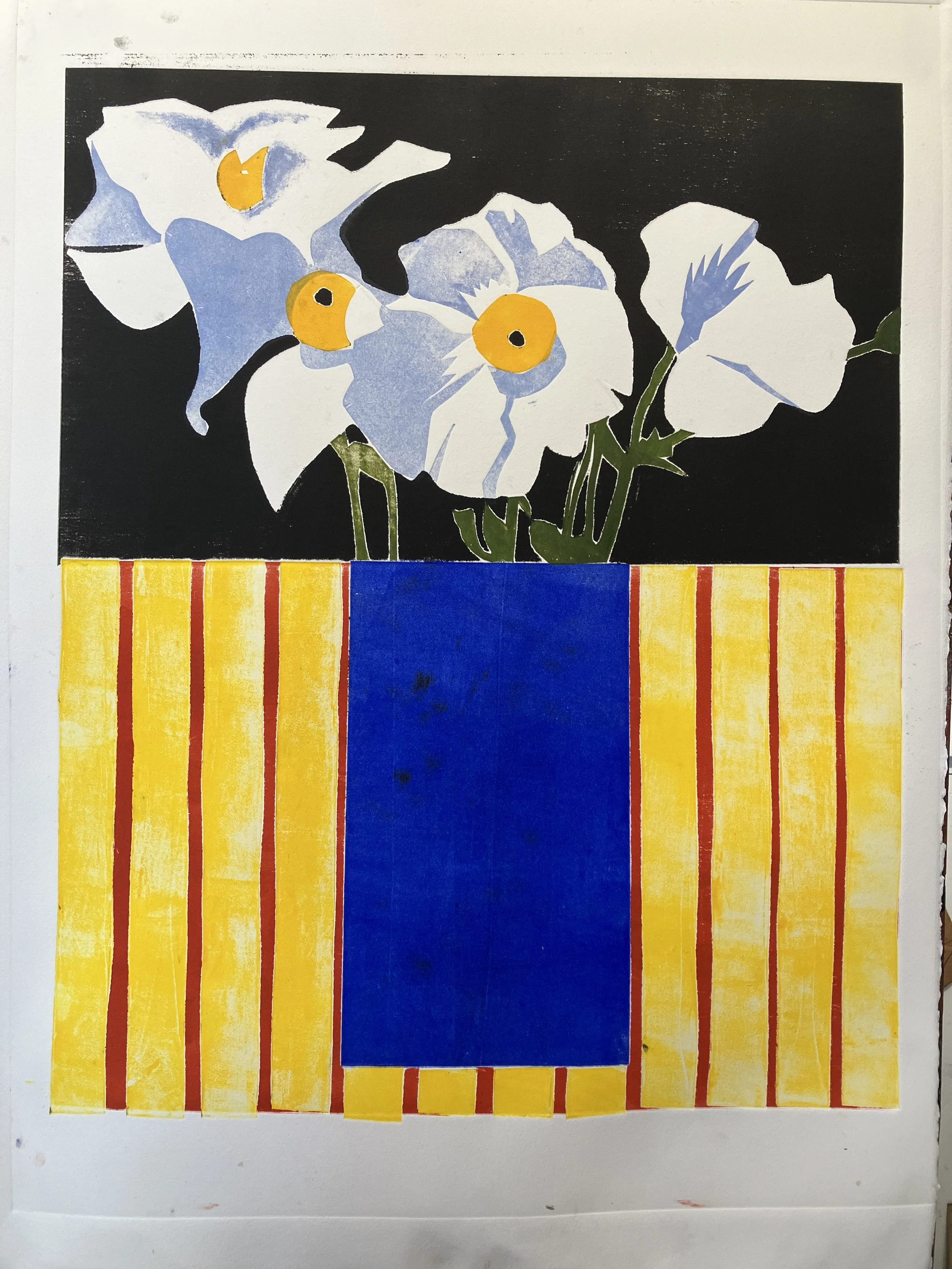 Matilija Poppies - 1 -  yellow stripes /monoprint / 24x20 /675.2025 / $500 (Sold)