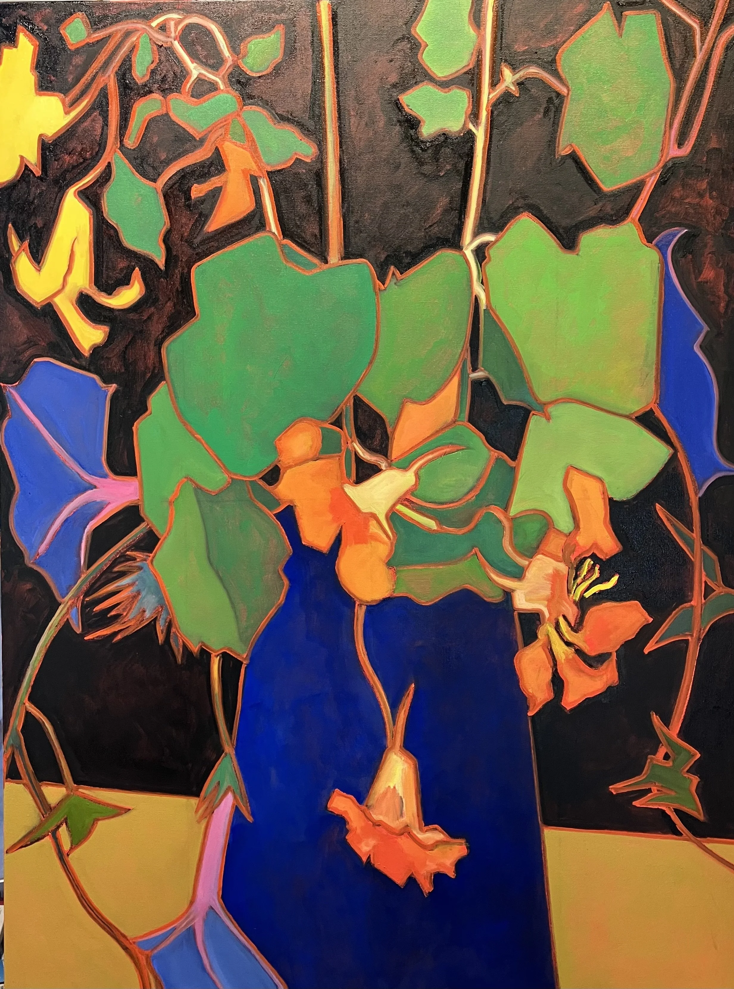 Nasturtiums & Morning Glories in Blue Vase / 36x48 / oil on canvas / $3000.