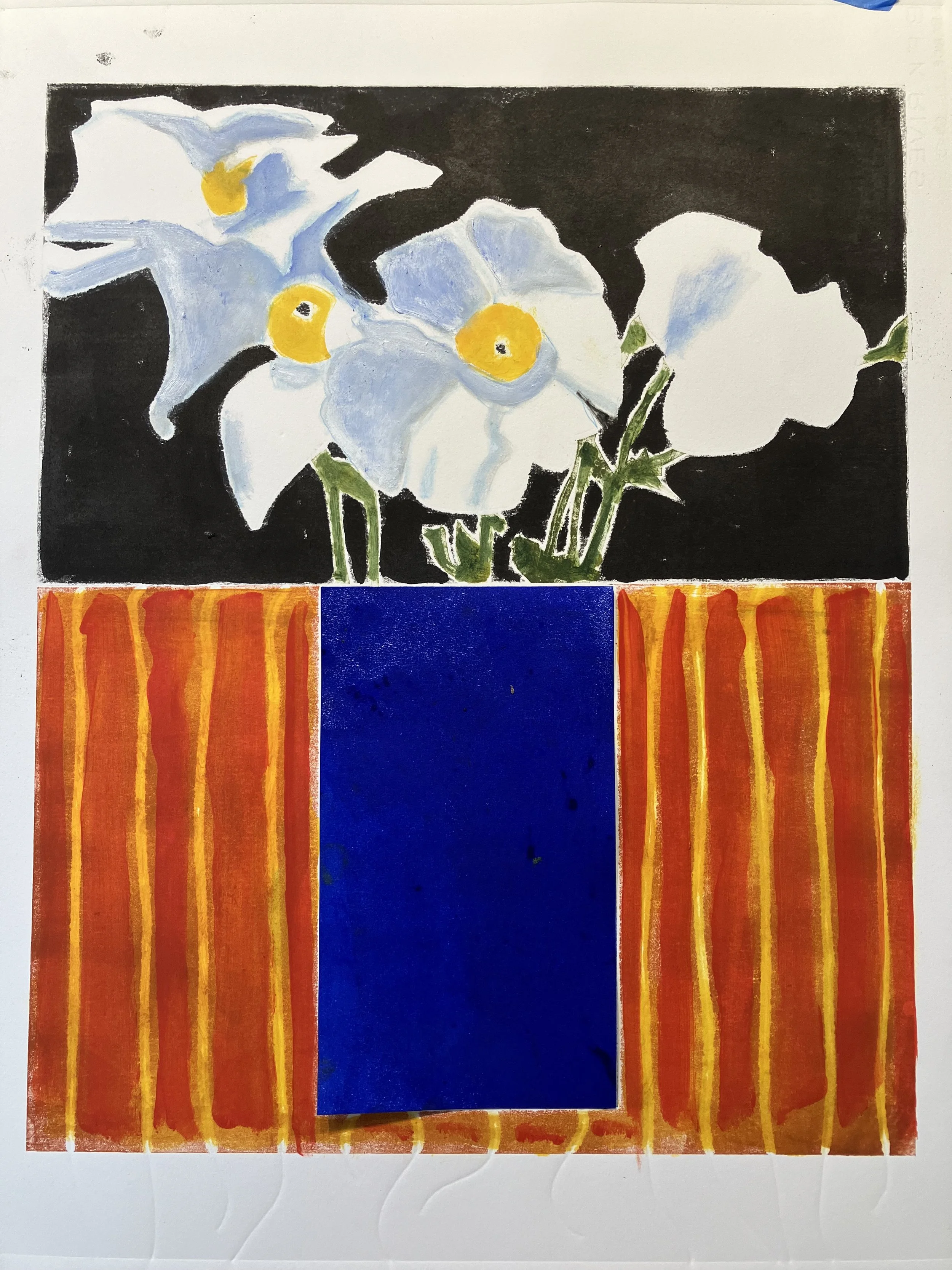 Matilija Poppies - 2 - red stripes / monoprint / 24x20 / #676.2025 /$500 (sold)
