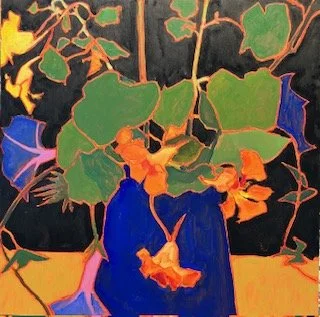 Nasturtiums and Morning Glories in blue vase /oil on canvas / 16 x 16 /#665.2025 / $850 (Sold)