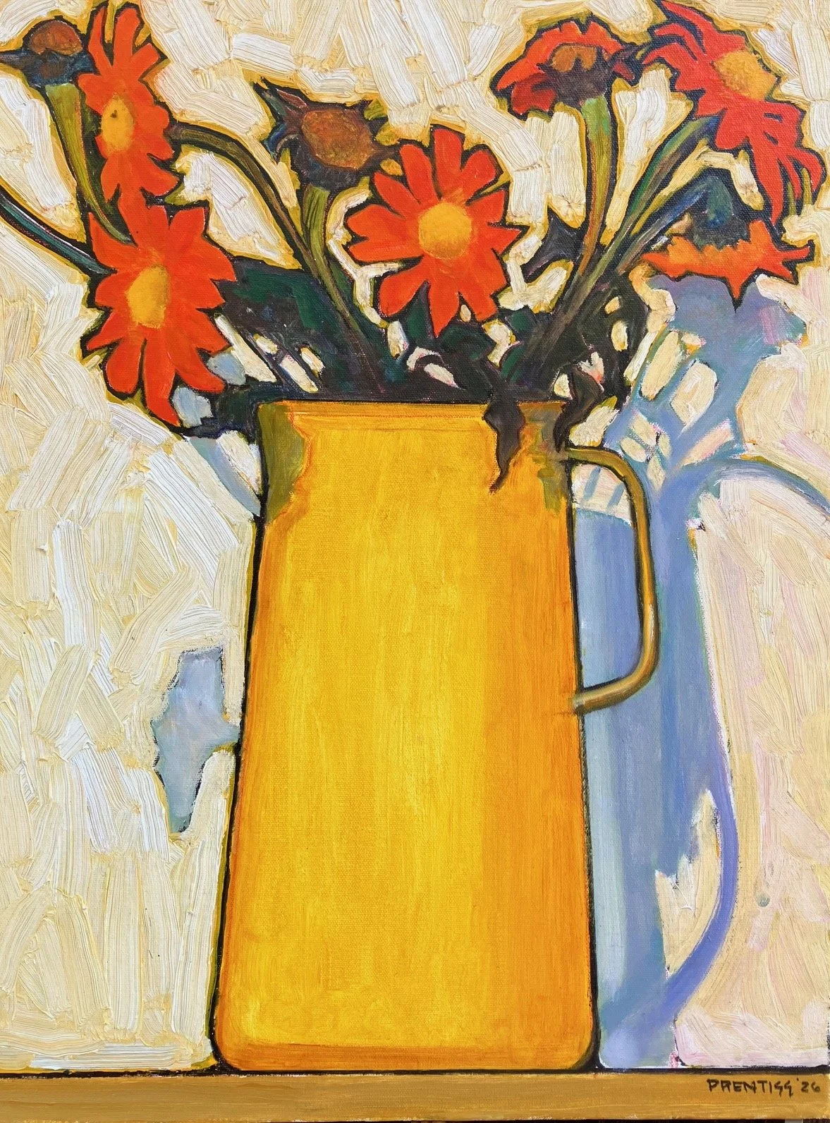 Mexican Sunflowers in Yellow vase /18x40/ oil on canvas / 698.2026 / $1000
