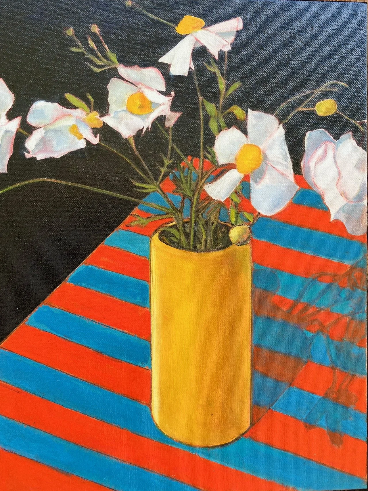 Matililja Poppy Bouquet on Stripes / oil on canvas /18x24 / 705.2026 / $1000.