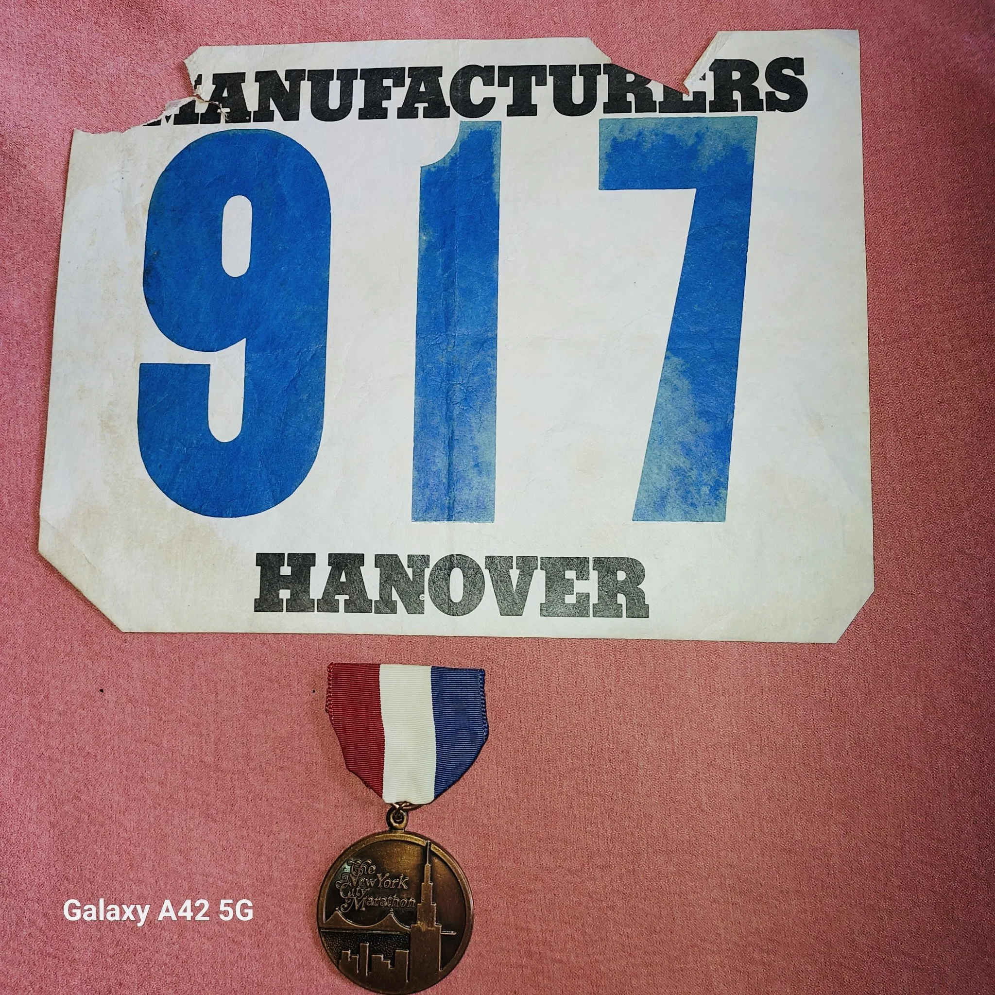 Pete's bib and medal from the 1976 NYC Marathon