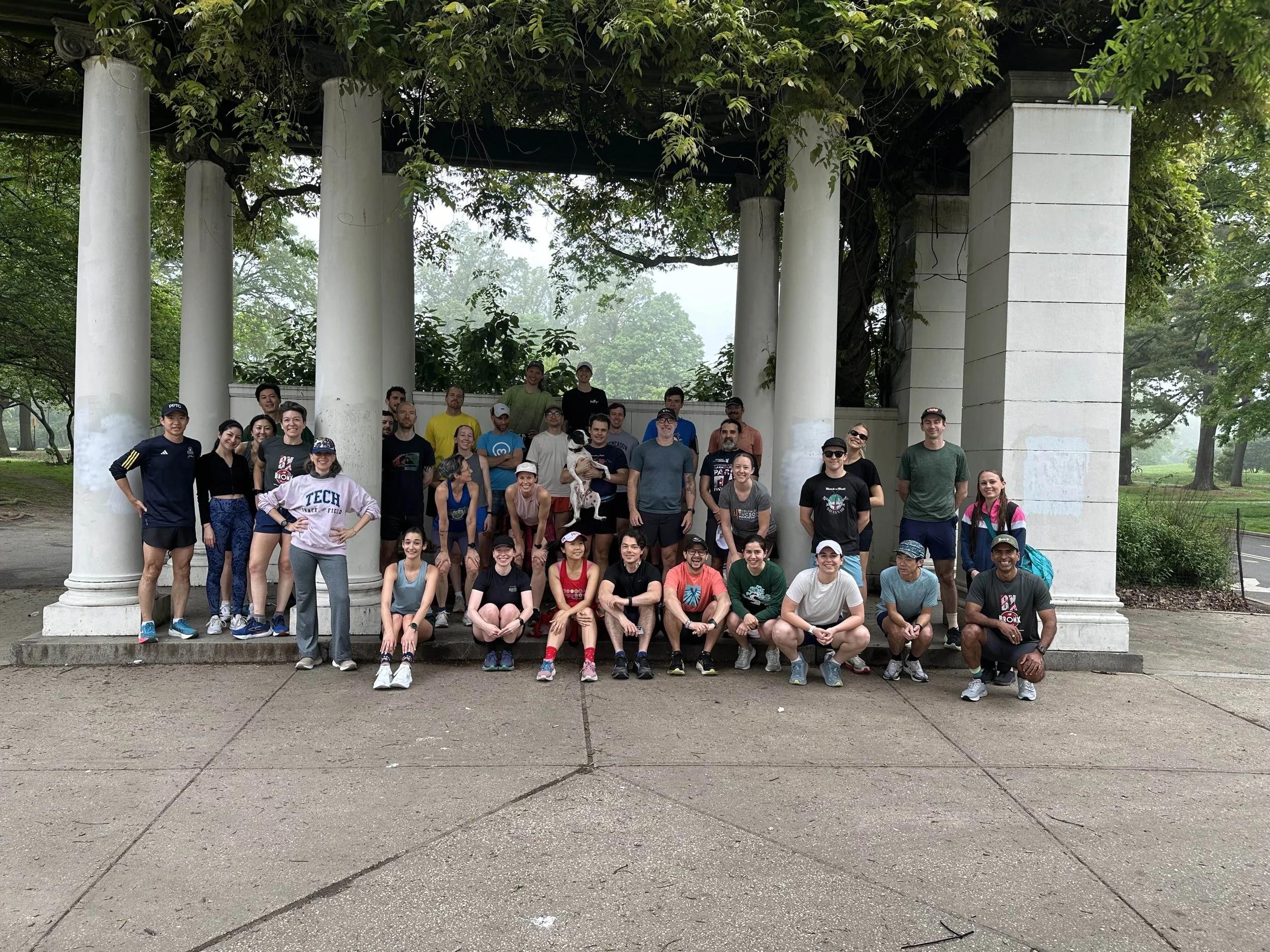 A group of about 40 runners and a dog gathered underneath a pergola. Fog can be seen in the background and the vines and trees are lush and green.