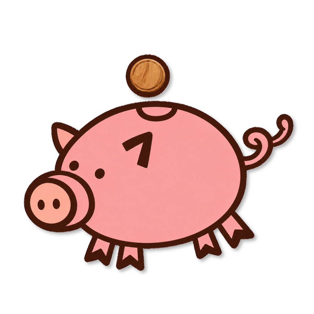 Penny Savers’ Club pink piggy bank with a golden coin