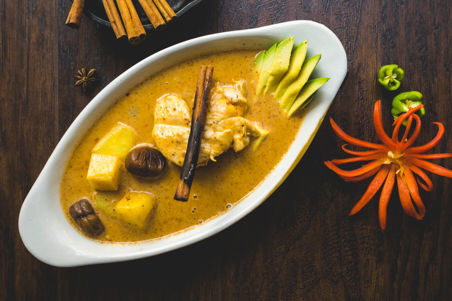 Royal Massaman Curry made with coconut cream, avocado, potato, and chestnut