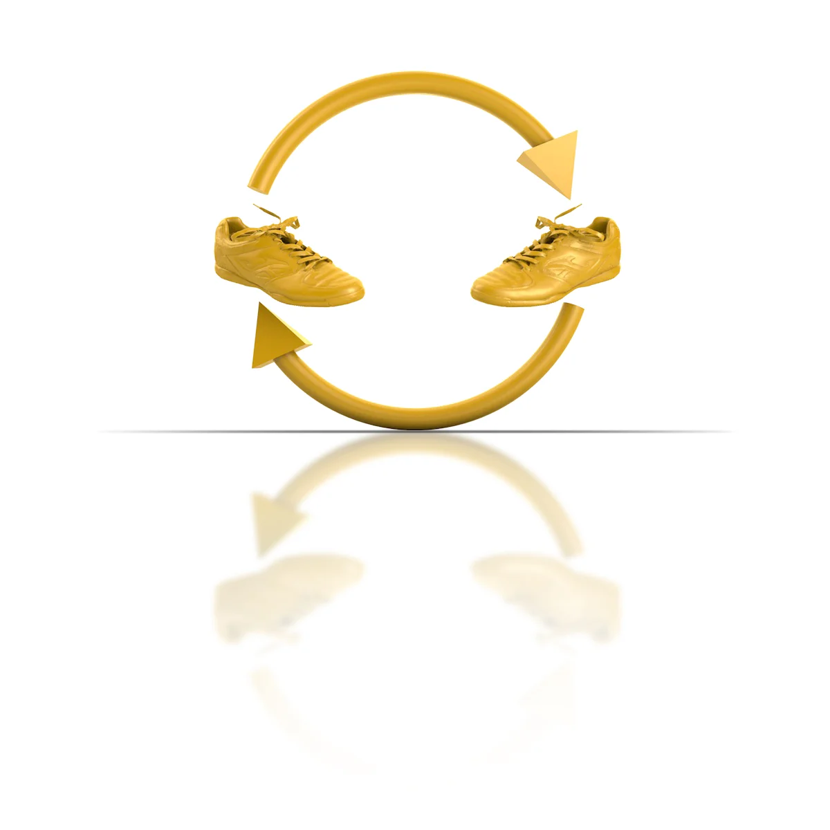Two golden shoes with arrows between them like a recycling symbol