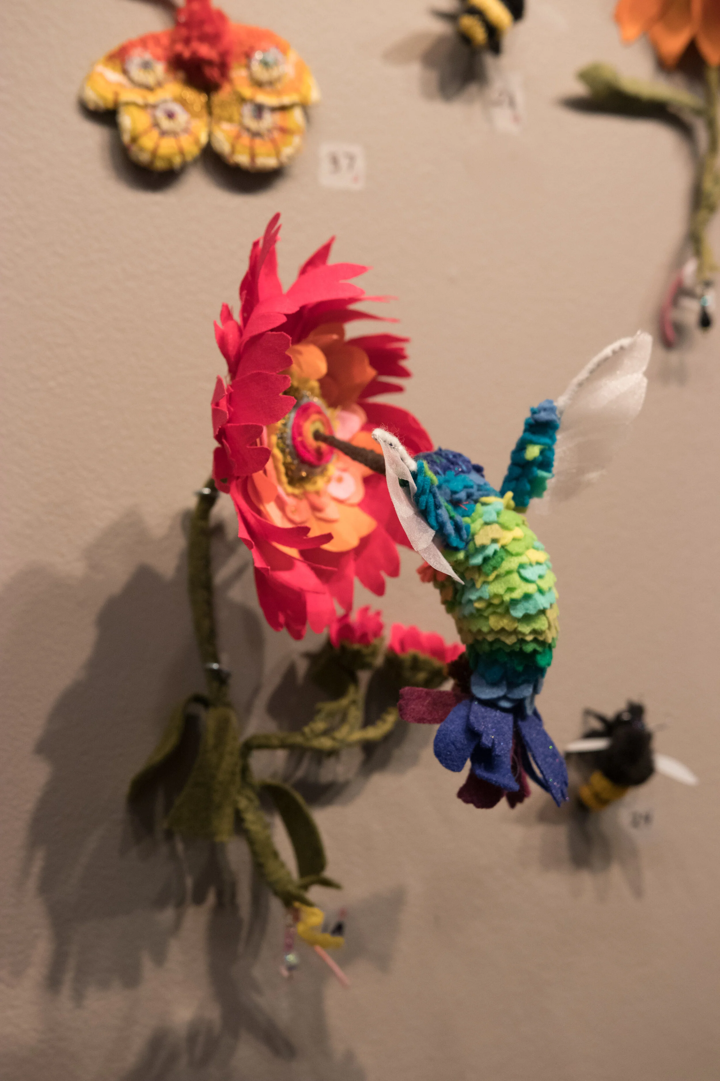 Feed, Fabric, felt, beads, wire, sold