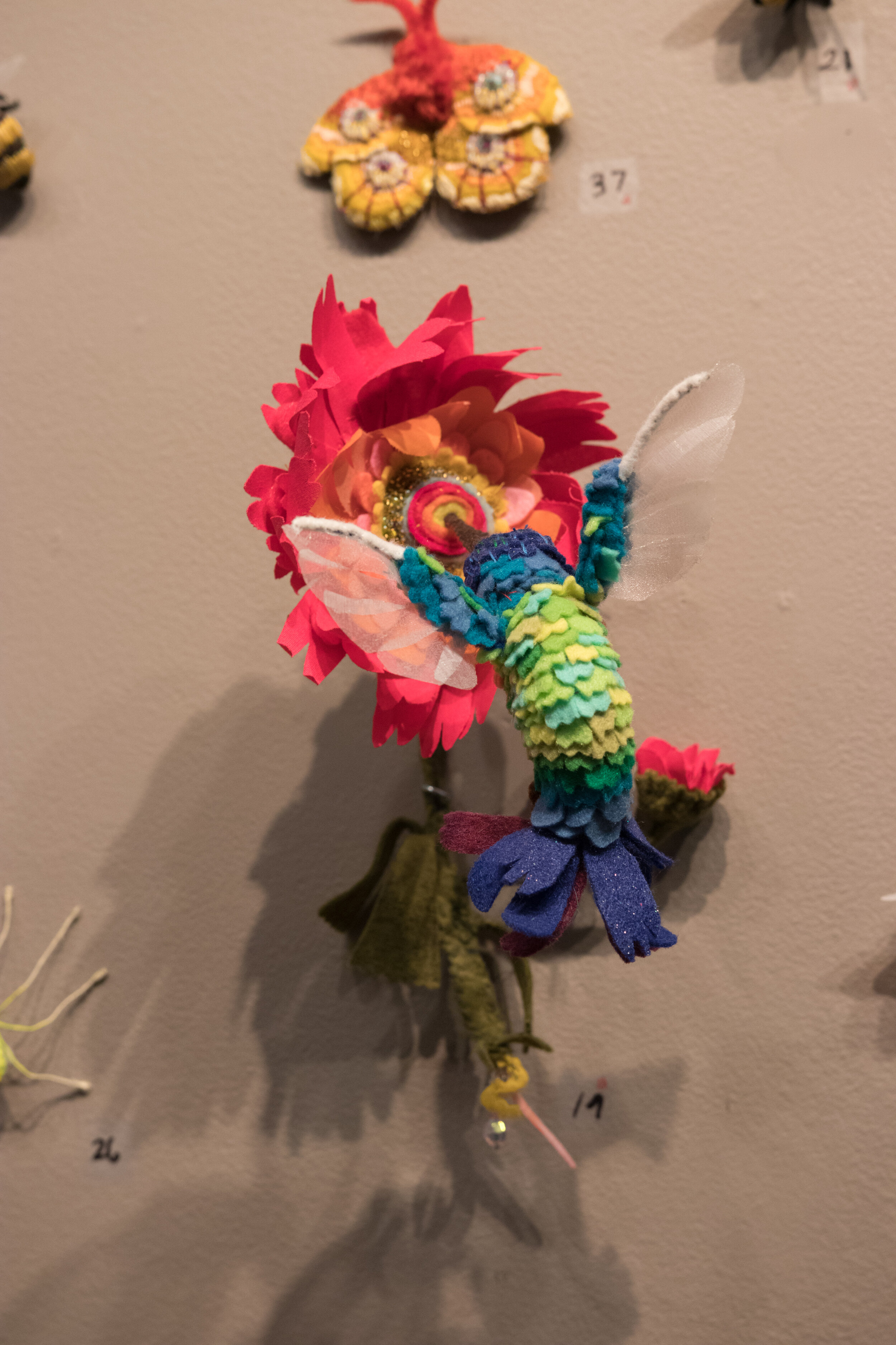 Feed, Fabric, felt, beads, wire, sold