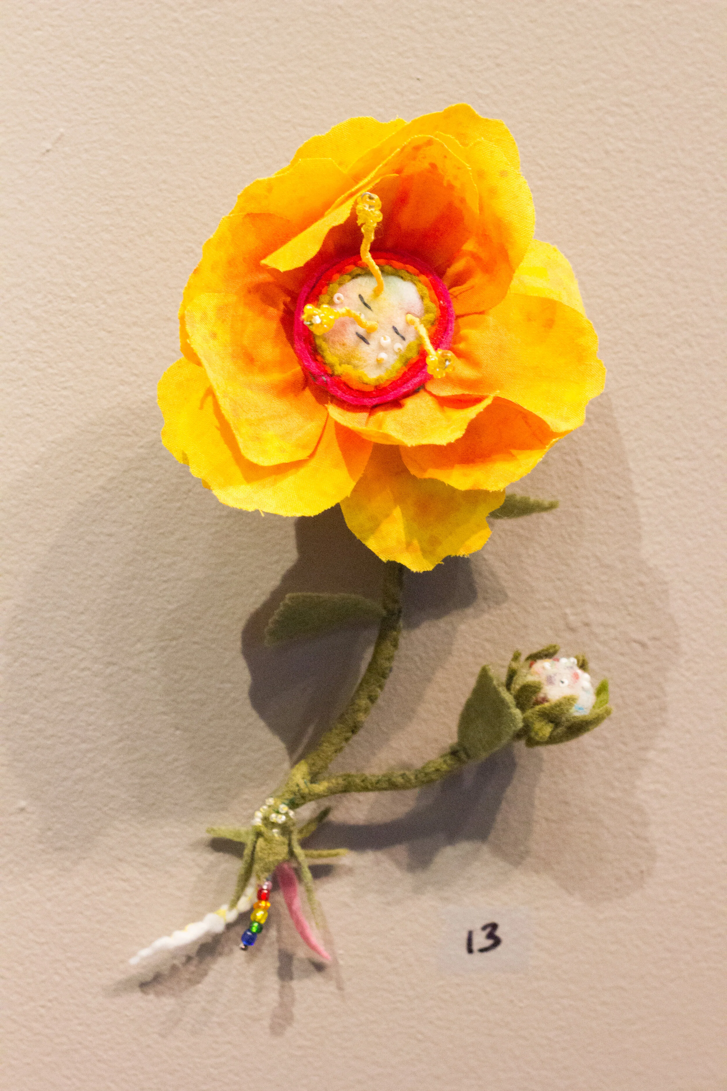 Flower and Bud, Fabric, felt, beads, wire, sold