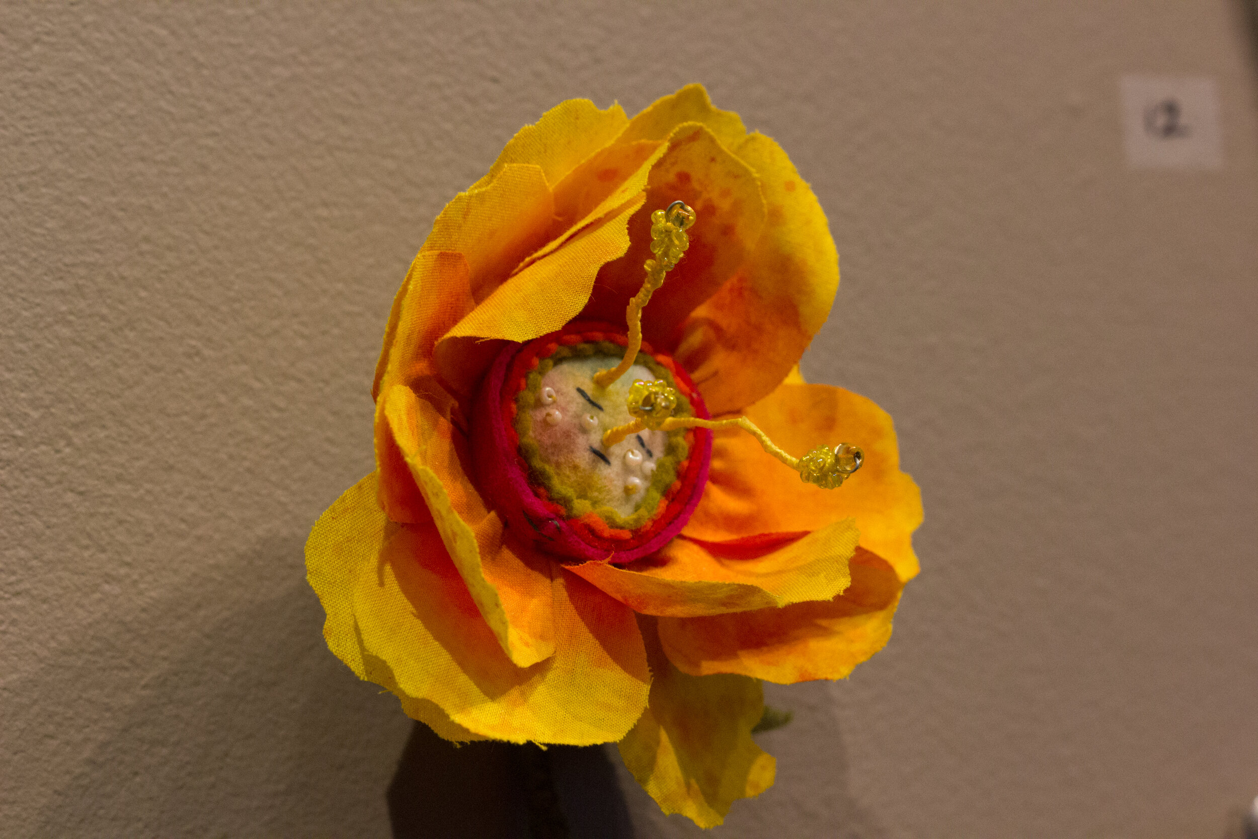 Flower and Bud, Fabric, felt, beads, wire, sold