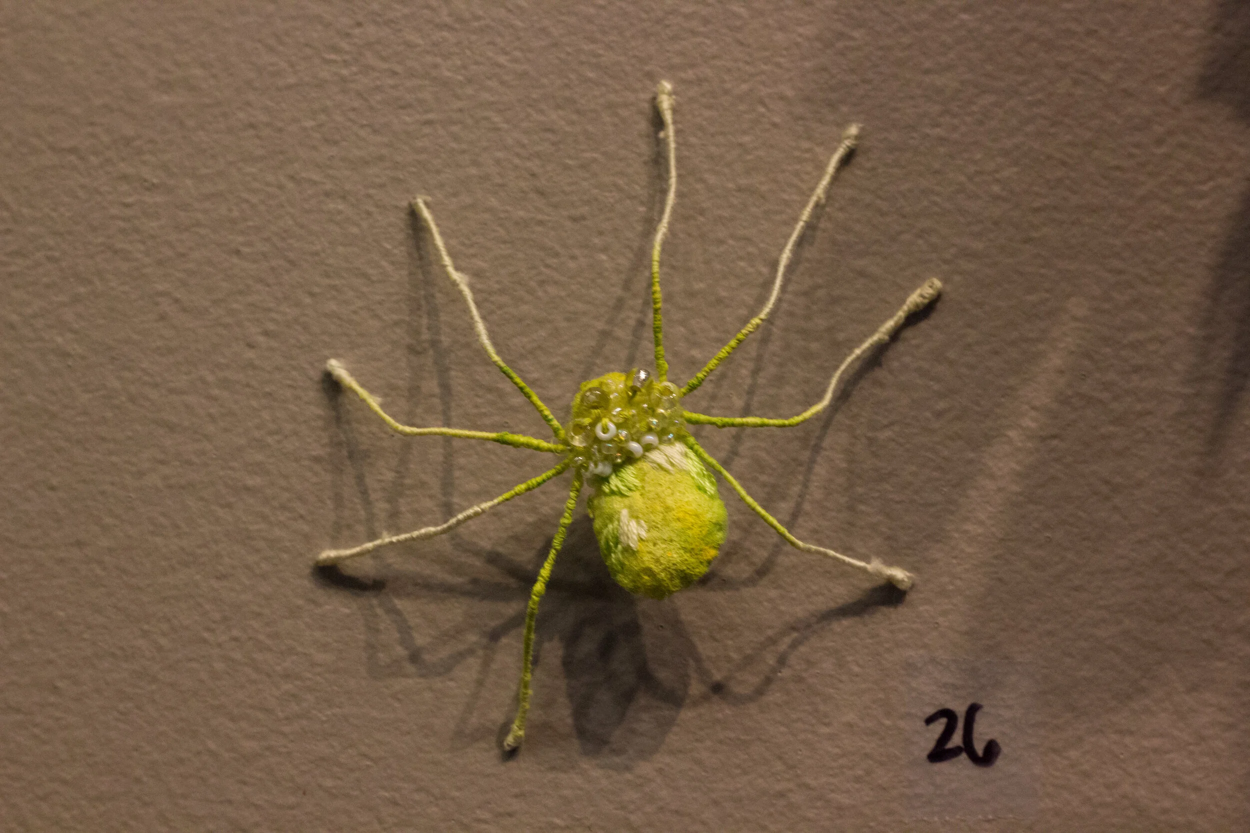 Spiders, Felt, beads, embroidery, wire, $20