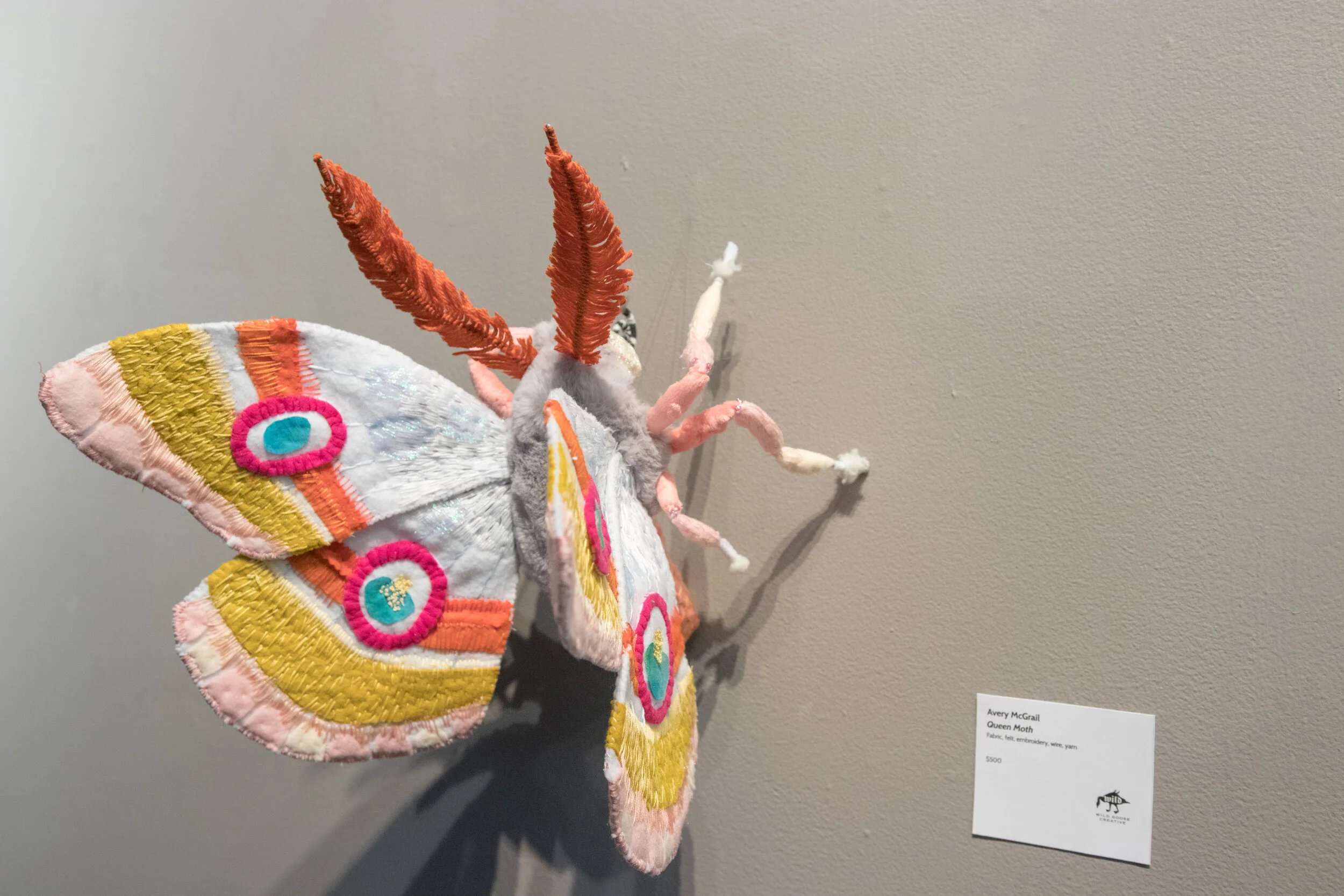 Queen Moth, Fabric, felt, embroidery, wire, yarn, sold