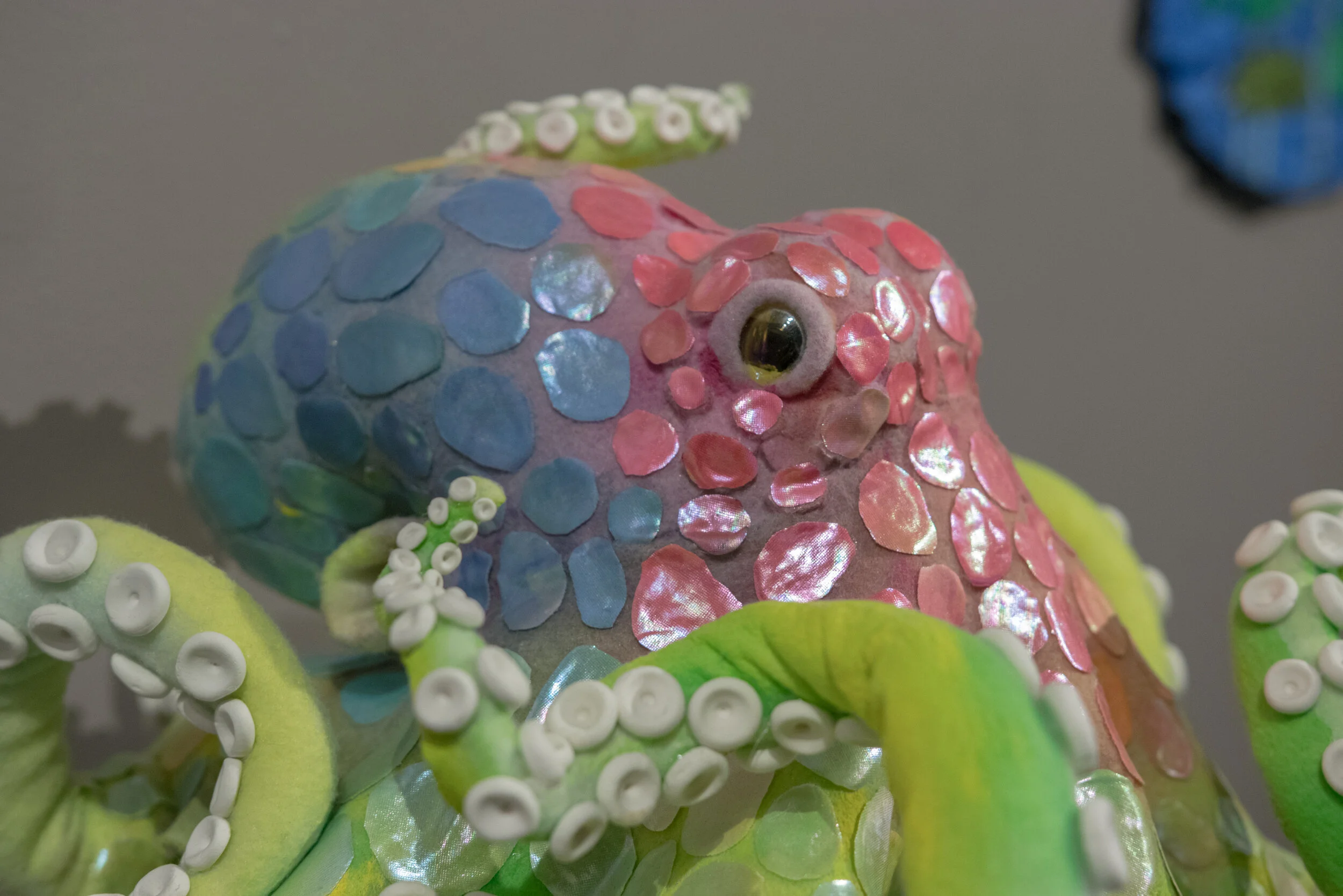 Rainbow the Octopus, Fabric, clay, beads, wire, sold