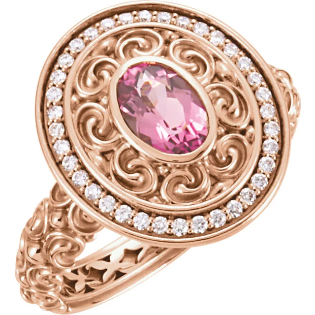 14K Rose 7x5mm Pink Tourmaline & 1:5 CT Diamond Ring.jpg
