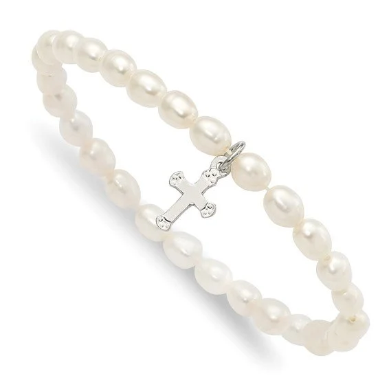 Sterling Silver Pearl and Cross Children's Stretch Bracelet