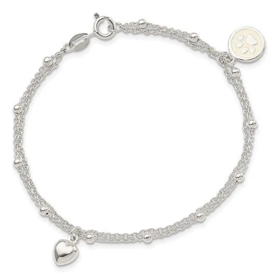 Sterling Silver 2-Strand Heart & Paw Print Bracelet