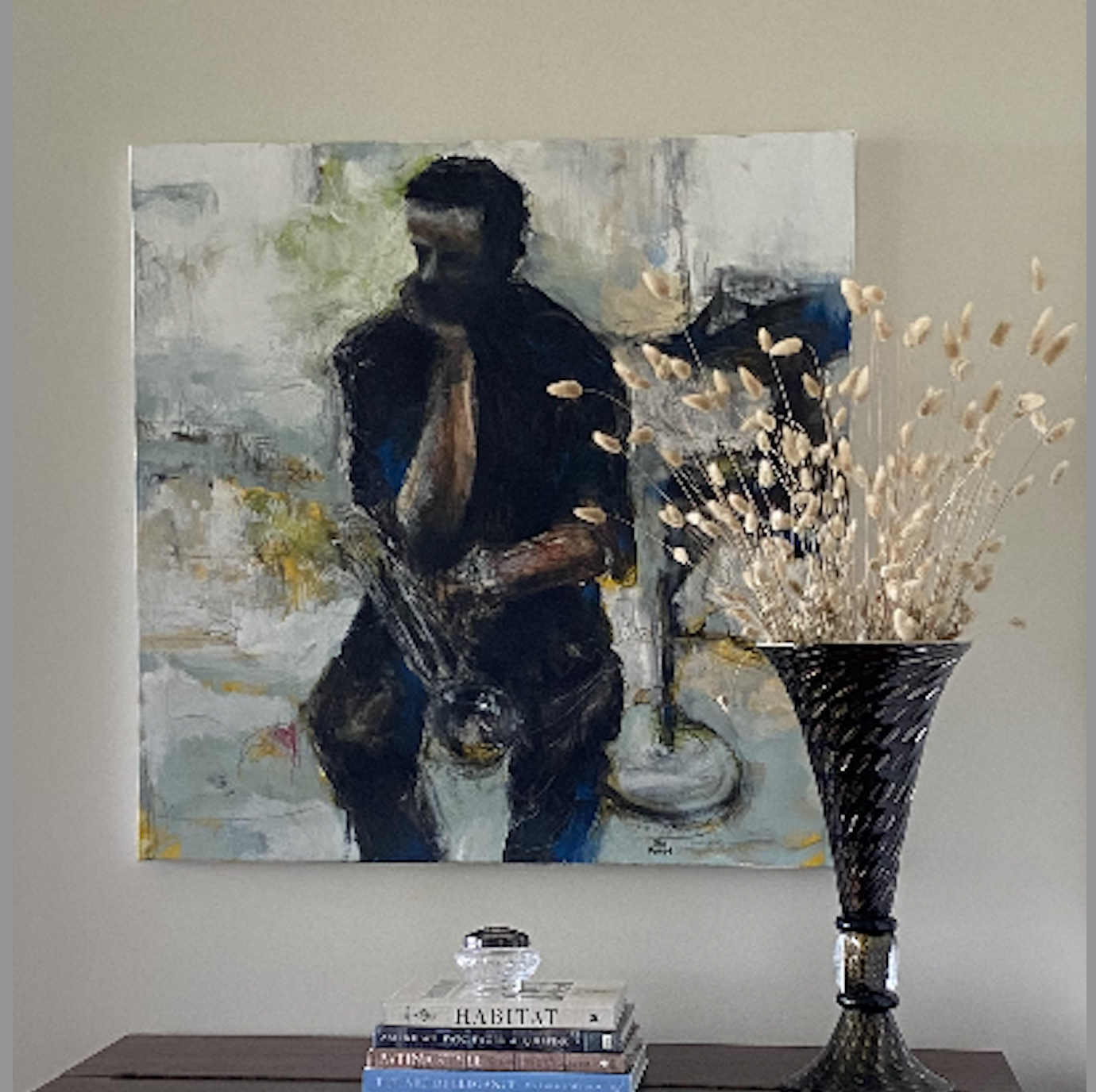 Music, memory, and mood—this painting now lives in a space filled with light and quiet reflection. I love seeing how collectors make my work their own, pairing it with objects that matter to them.