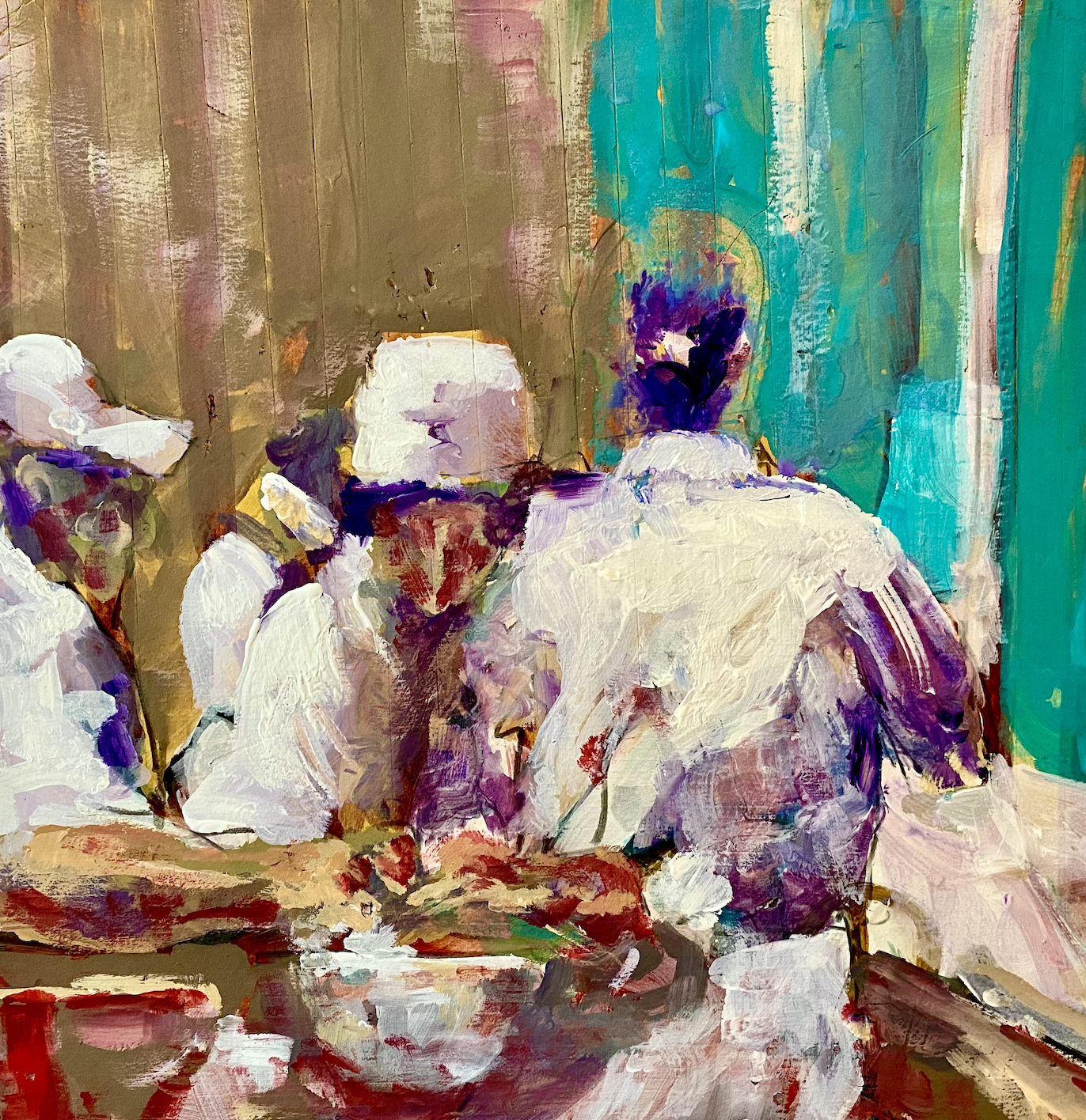 A moment of camaraderie and color, captured in a Dallas restaurant and now hanging in a collector’s home. My paintings are about connection—between people, places, and memories.