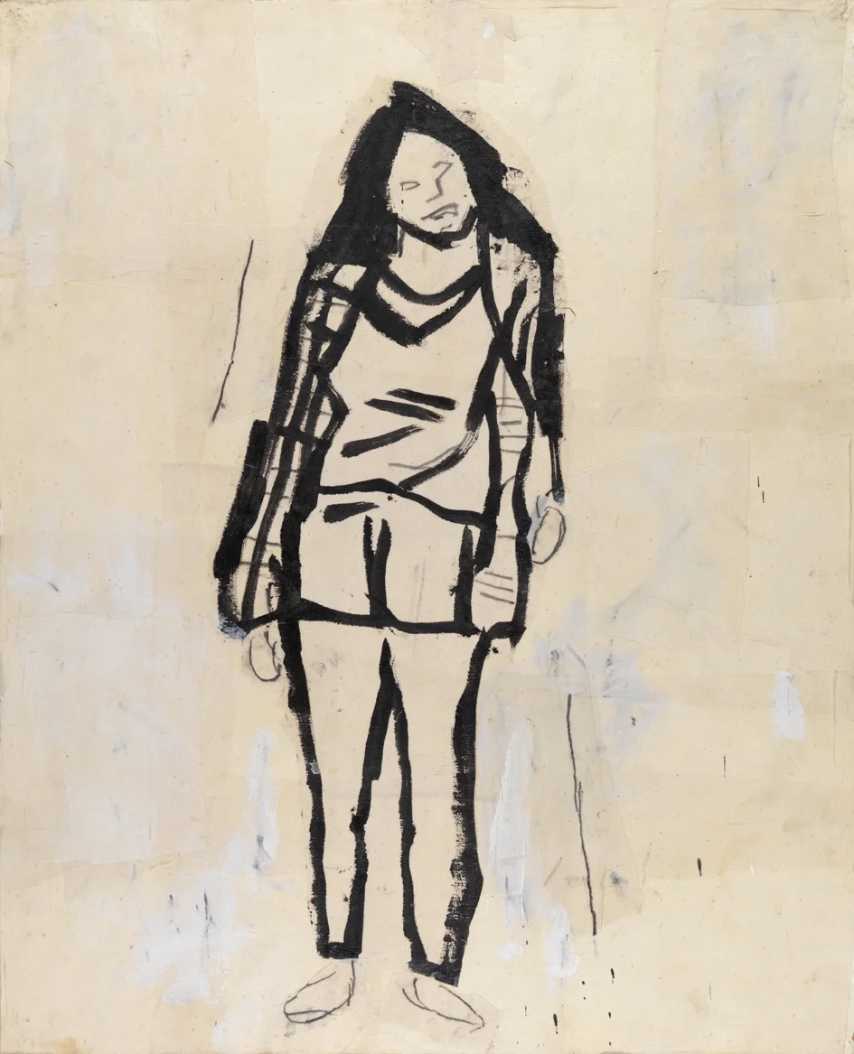   Figure Study (Shelby Creagh)    1982    acrylic, graphite and muslin collage on paper    40 x 32 in / 101.6 x 81.3 cm  