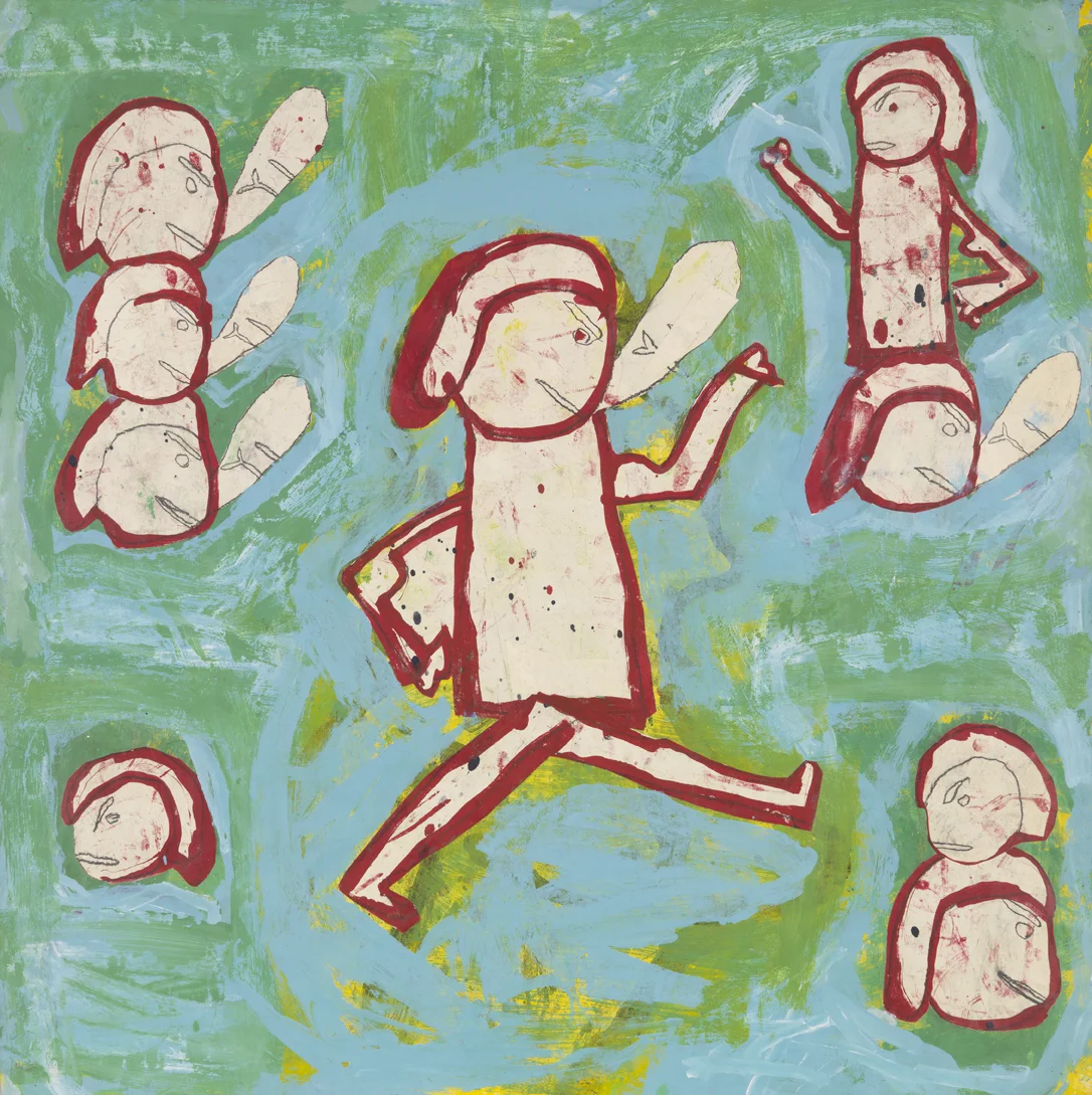   Fists of Fury    1983  acrylic, tempera, graphite and paper collage on paper  42 x 42 in / 106.7 x 106.7 cm 